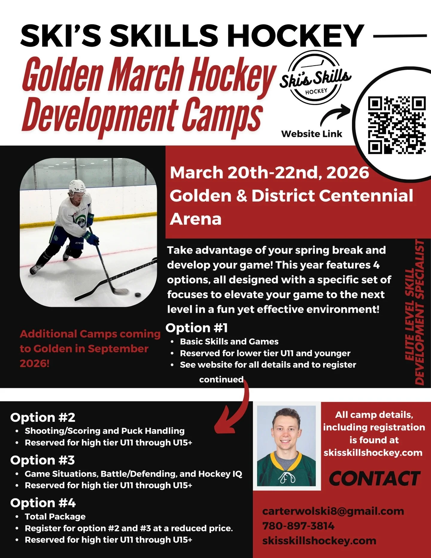GOLDEN DEVELOPMENT CAMPS - MARCH🥅🏒🗻
-
We&rsquo;re back in Golden this March 20th-22nd for another great weekend of development. This one will feature 4 options:

Option 1: Low tier U11 and younger. Basic skill development and games. 4 sessions.

O
