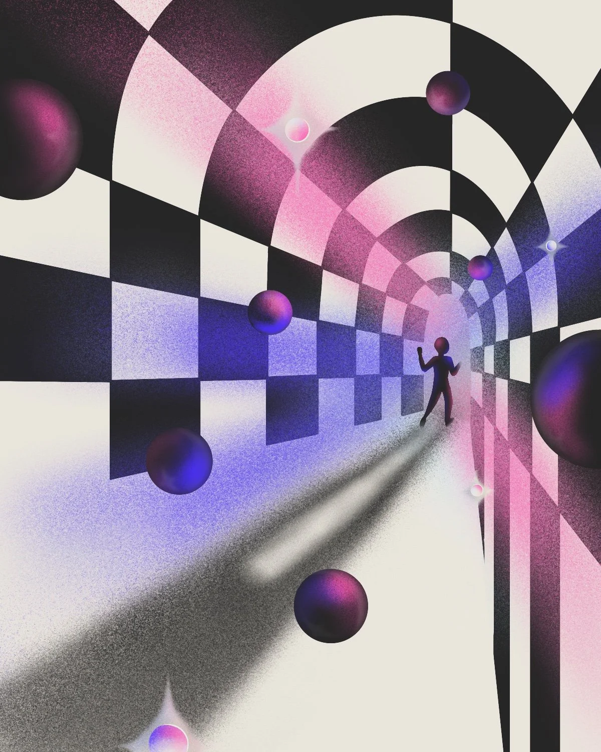 A digital drawing of a surreal hallway leading to a figure standing in an archway. The walls are curved and have a checker pattern. There is a purple and pink glow coming from the arch. Spheres and stars float throughout the scene.