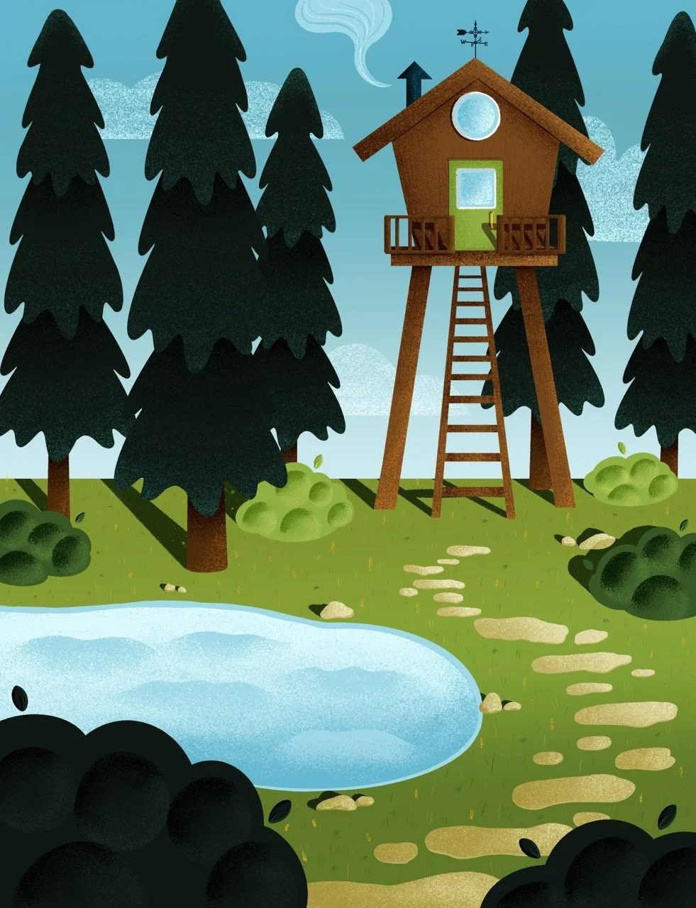 A digital drawing of an outdoor camp scene with trees, a lake, and wooden fire tower.
