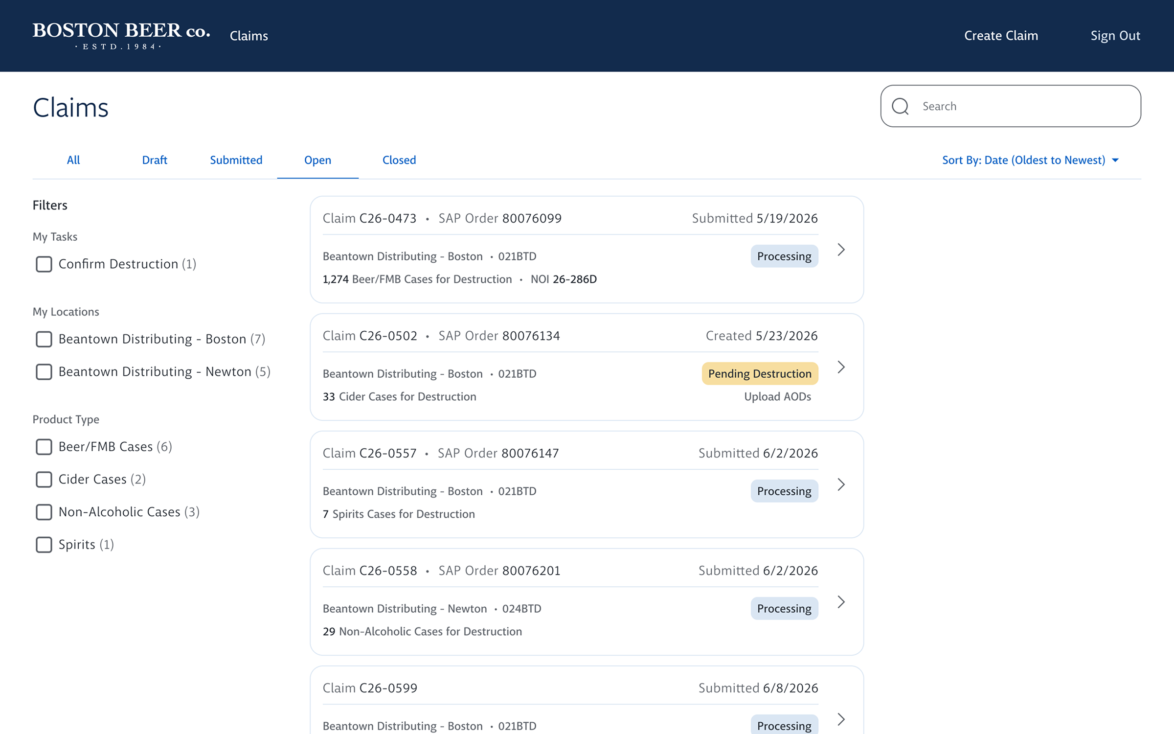 A distributor's open claims list, offering visibility of their claims actively being processed for credit.