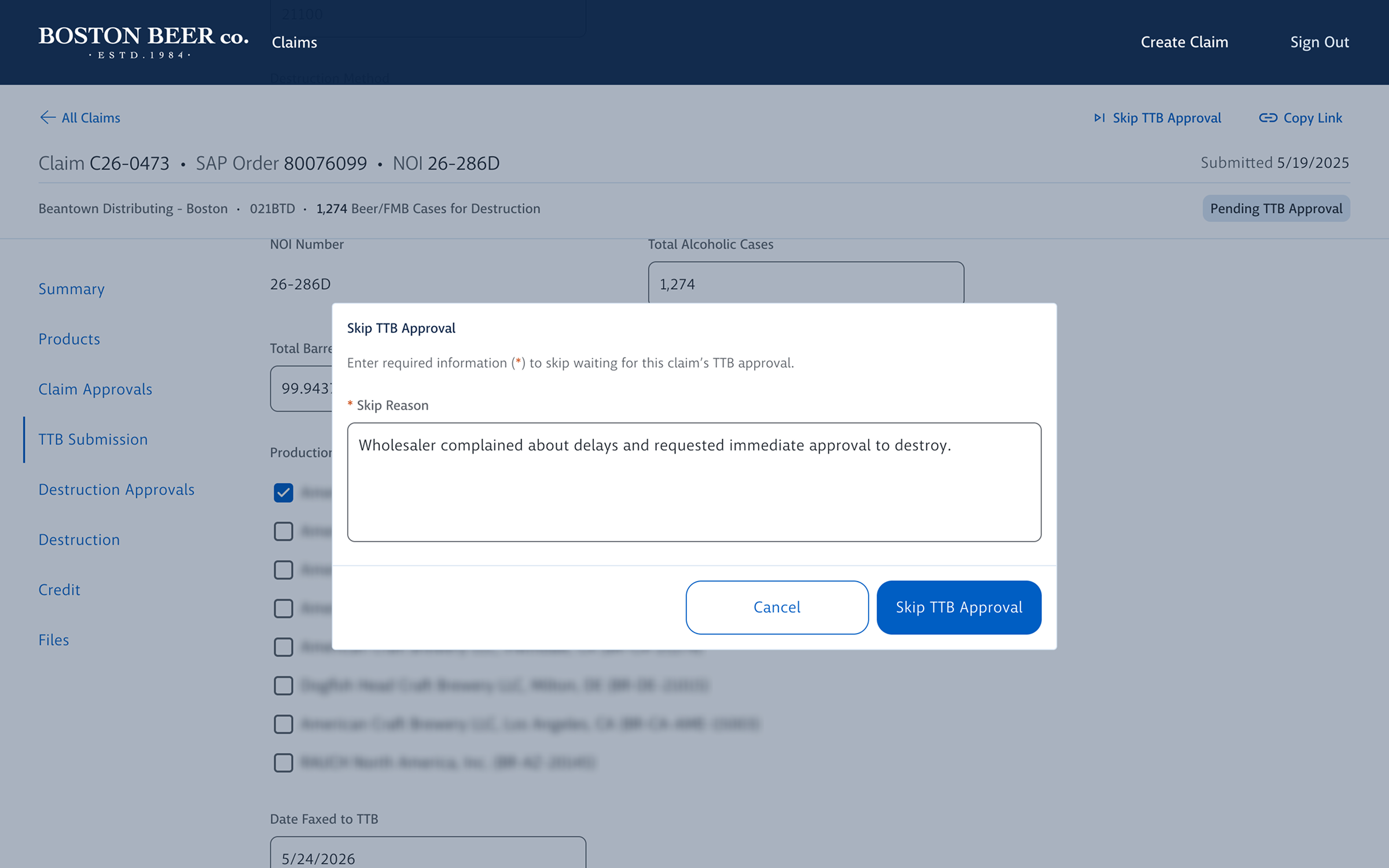 A BBC user skips an approval step and forfeits tax credit to continue processing the claim without further delay.