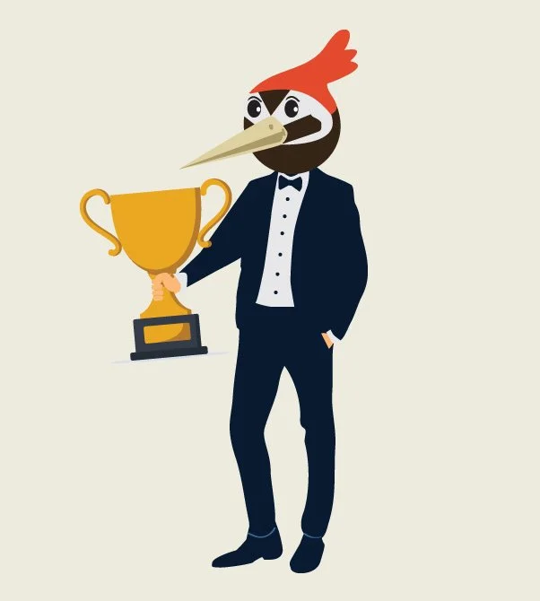 Woody's Wood Repair mascot wearing a tuxedo and holding a large gold trophy for Featured Houses Award.