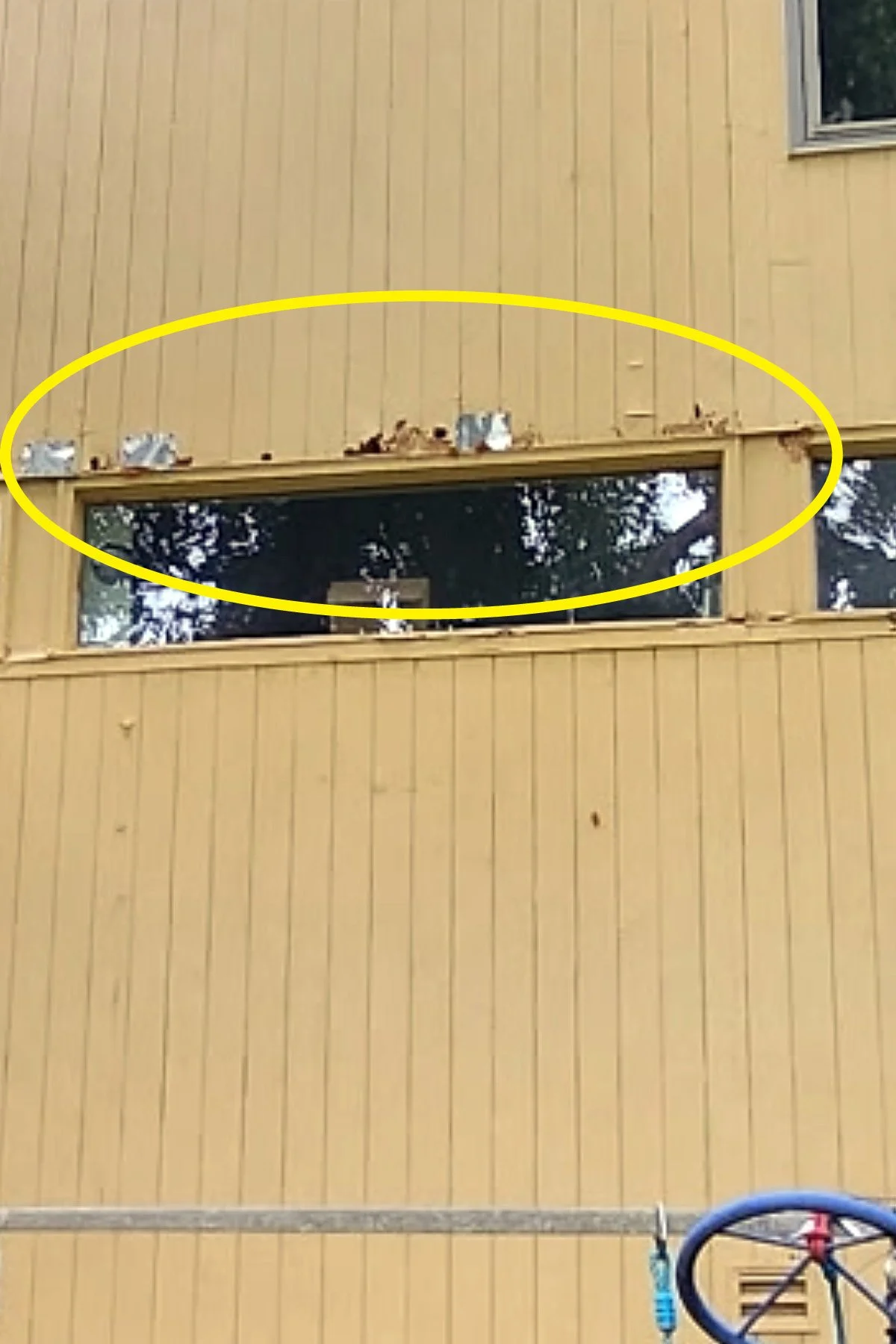 A yellow building with a horizontal rectangular window that has rotten wood and woodpecker holes that was later restored.