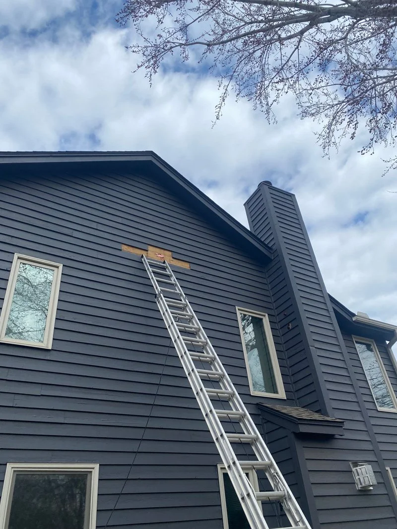 A ladder leaning against a dark blue house being painted or repaired, with a small roof over a window and a chimney visible, and a tree with budding branches skyward in the background.