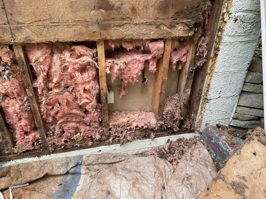 Remove wall to expose pink insulation and wooden framing inside wall