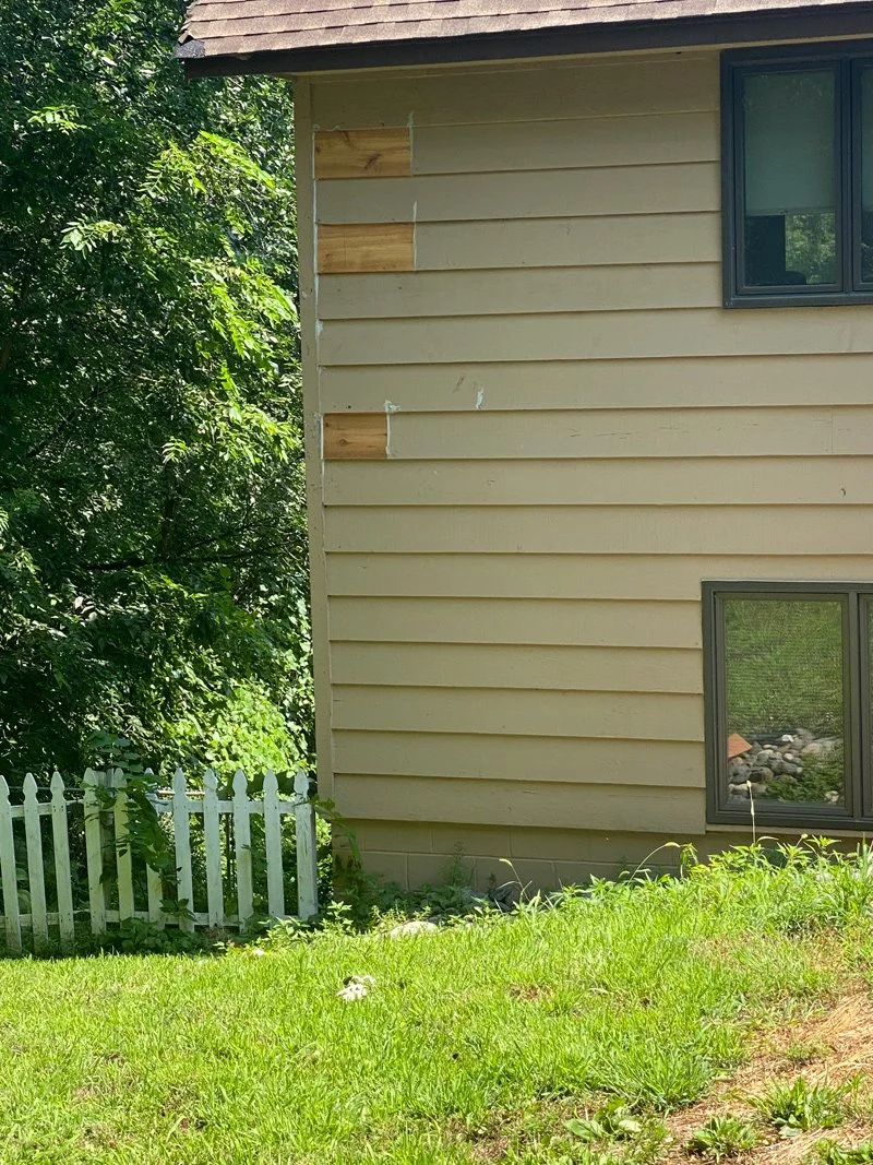 Side view of a house with beige siding, two black-framed windows, and a small white picket fence, with lush green grass and trees in the background.