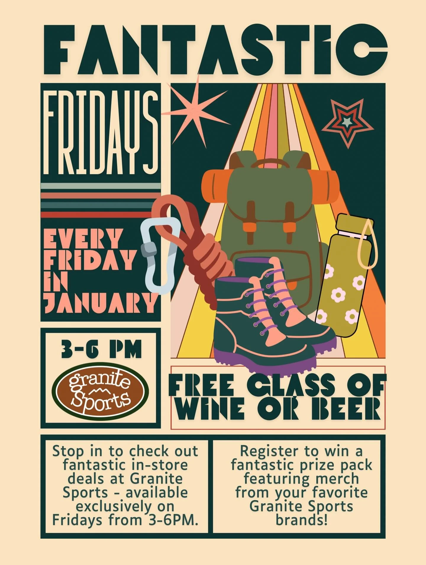 IT&rsquo;S BACK!! Stop in EVERY FRIDAY IN JANUARY for Granite Sports&rsquo; #fantasticfridays! Between 3-6pm we&rsquo;ll give you a complimentary glass of wine or beer (provided by Lost Cabin Beer Garden, With the Wind Winery, and Krull&rsquo;s Marke