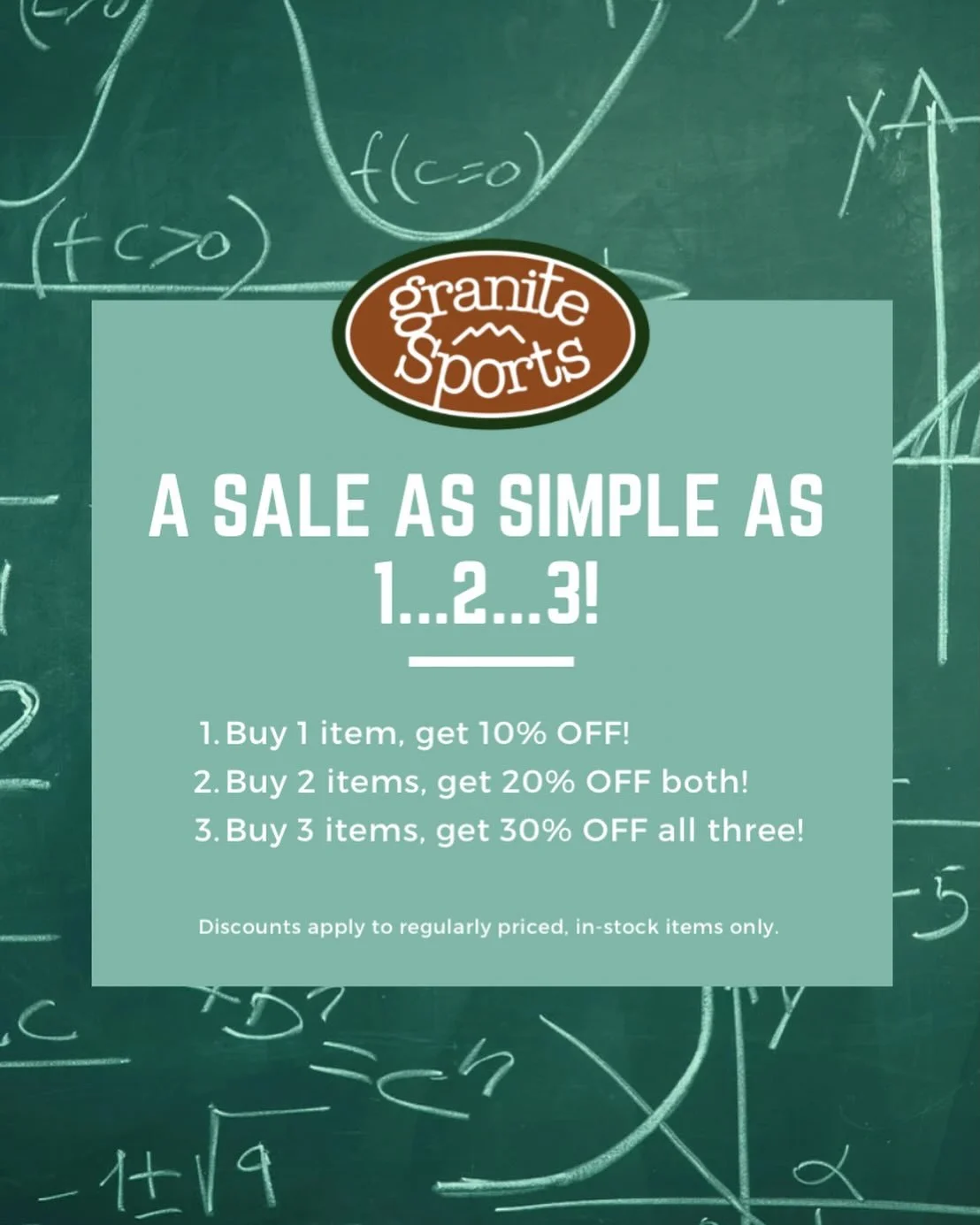 Want big savings? You do the math!

Buy 1 item, get 10% OFF!
Buy 2 items, get 20% OFF both!
Buy 3 items, get 30% OFF all three!

Sale runs now through Tuesday, Feb. 10th. Discount applies to regularly-priced, in-stock items only.

#granitesports #hil