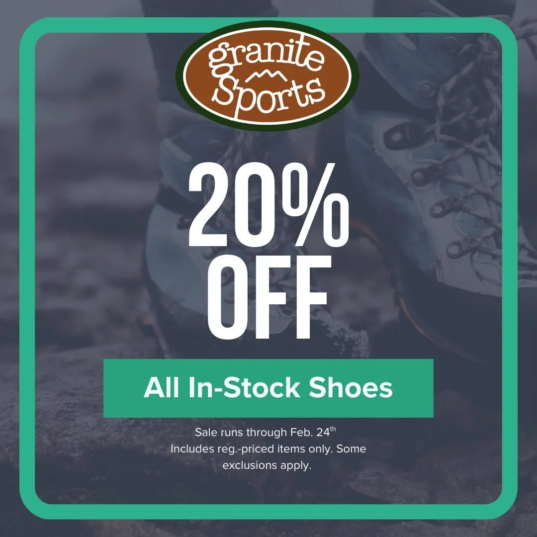 Black Hills Trail Season is NOW! Keep your feet happy! 👟 20% OFF ALL SHOES! 🥾 

Sale runs now through Tuesday, Feb. 24th. Discount applies to regularly-priced, in-stock items only. Some exclusions apply. 

#granitesports #blackhillshiking #hillcity