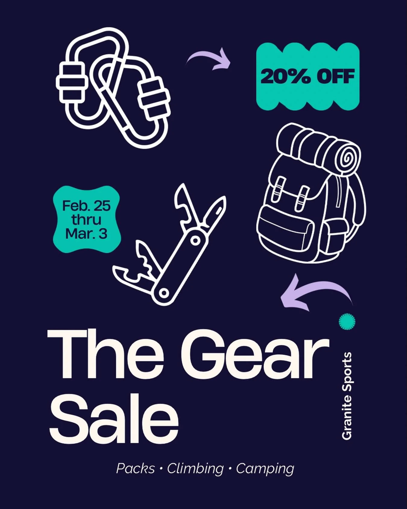 We hardly ever do this, but&hellip;all our gear is on sale!
20% OFF CLIMBING, CAMPING &amp; PACKS!

Sale runs now through Tuesday, March 3rd. Discount applies to regularly-priced, in-stock items only.
 
Also&hellip;Now through March 3rd take an ADDIT