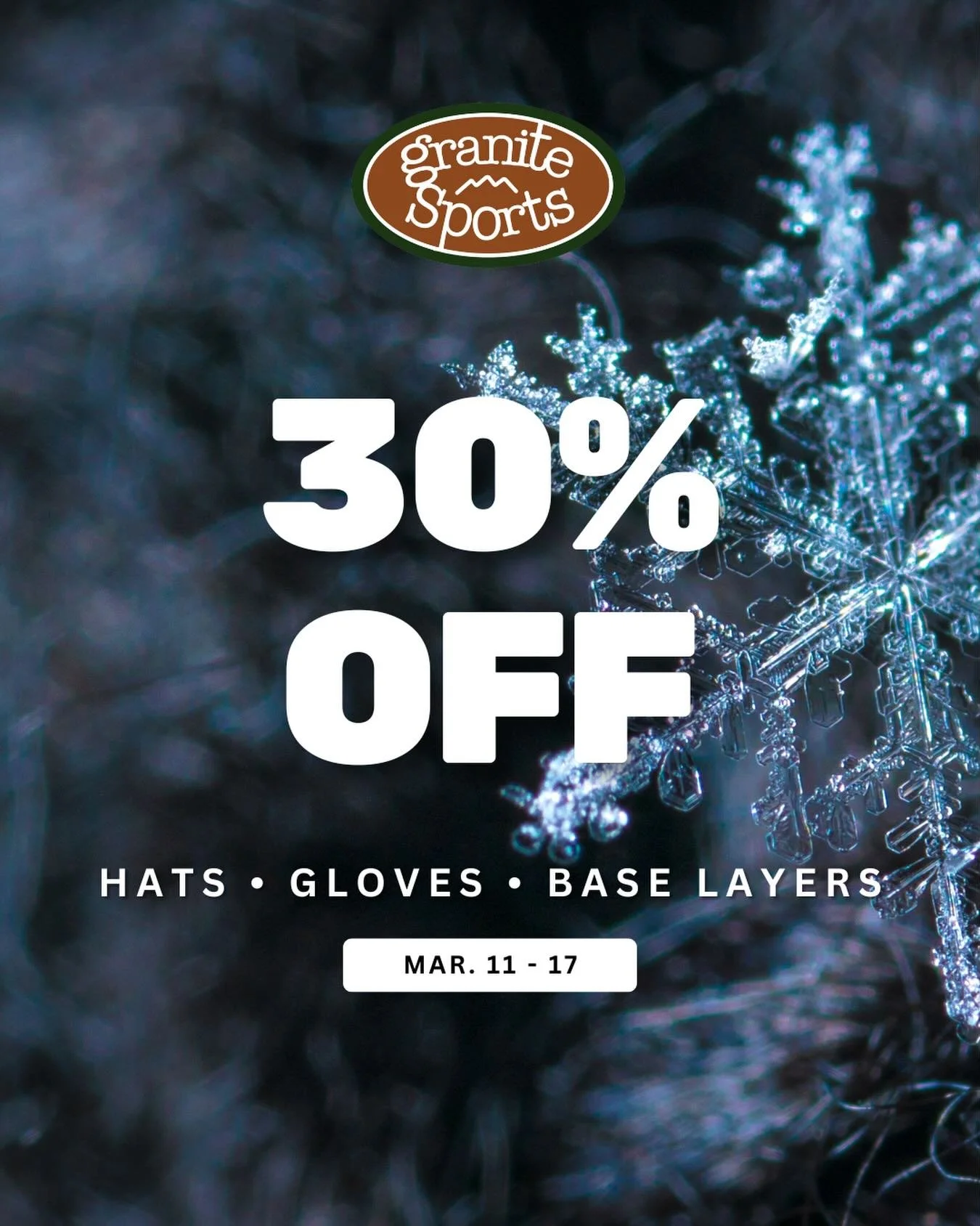 Darci scheduled this sale a few weeks ago when it was 65 degrees and sunny. She must have known something we didn&rsquo;t know.

30% OFF
&bull;HATS
&bull;GLOVES
&bull;BASE LAYERS

Sale runs now through Tuesday, March 17th. Discount applies to regular