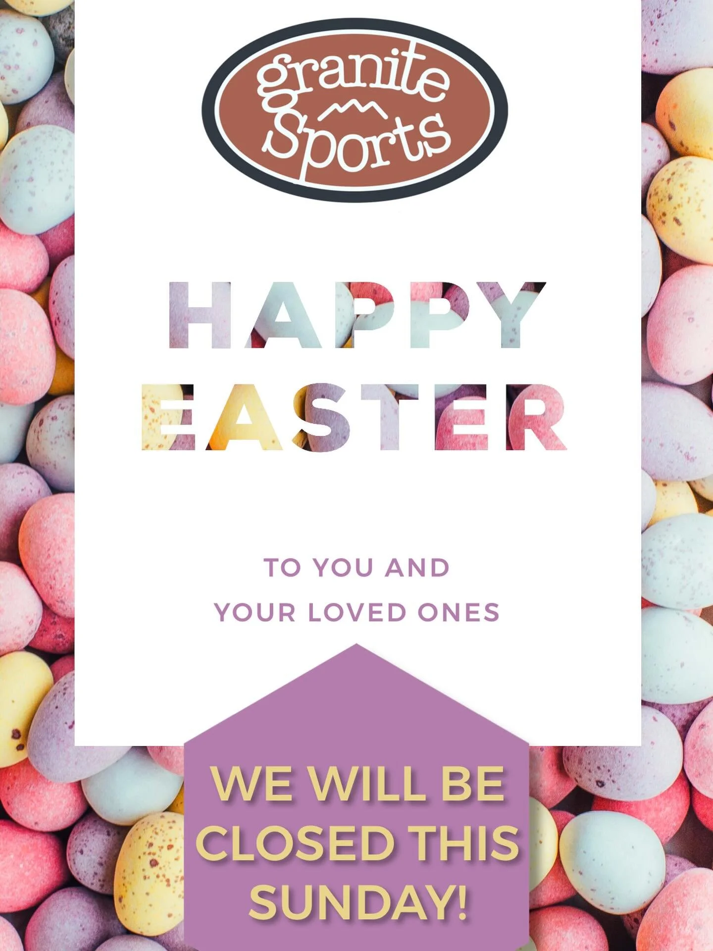 Granite Sports will be closed Easter Sunday so that our people can celebrate with their people! 🐣 Happy Easter! 
#hillcitysd #easter #granitesports
