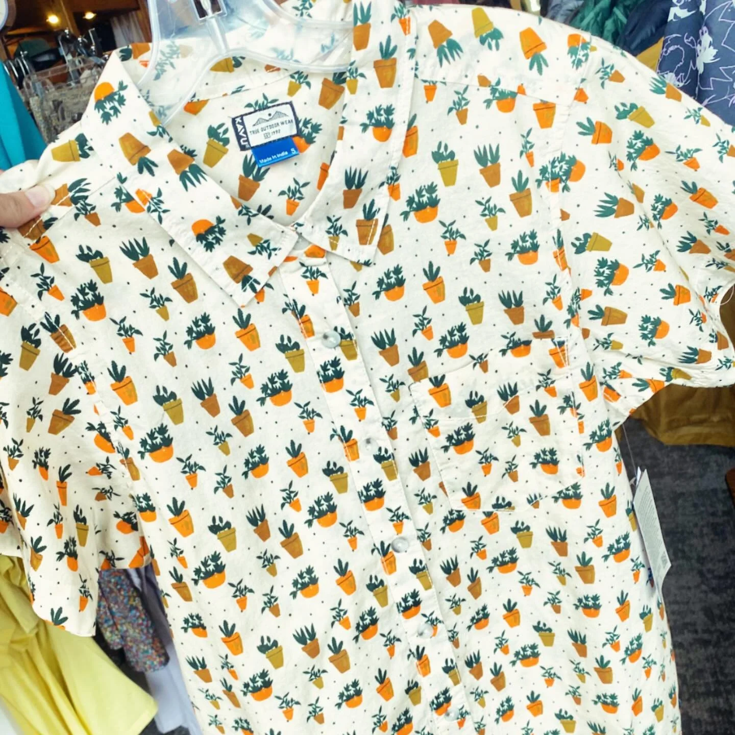 Twenty seconds ago you didn&rsquo;t know that you needed a button-up shirt covered in tiny potted plants. But now you do. Happy Monday. #themoreyouknow #whimsy #kavu