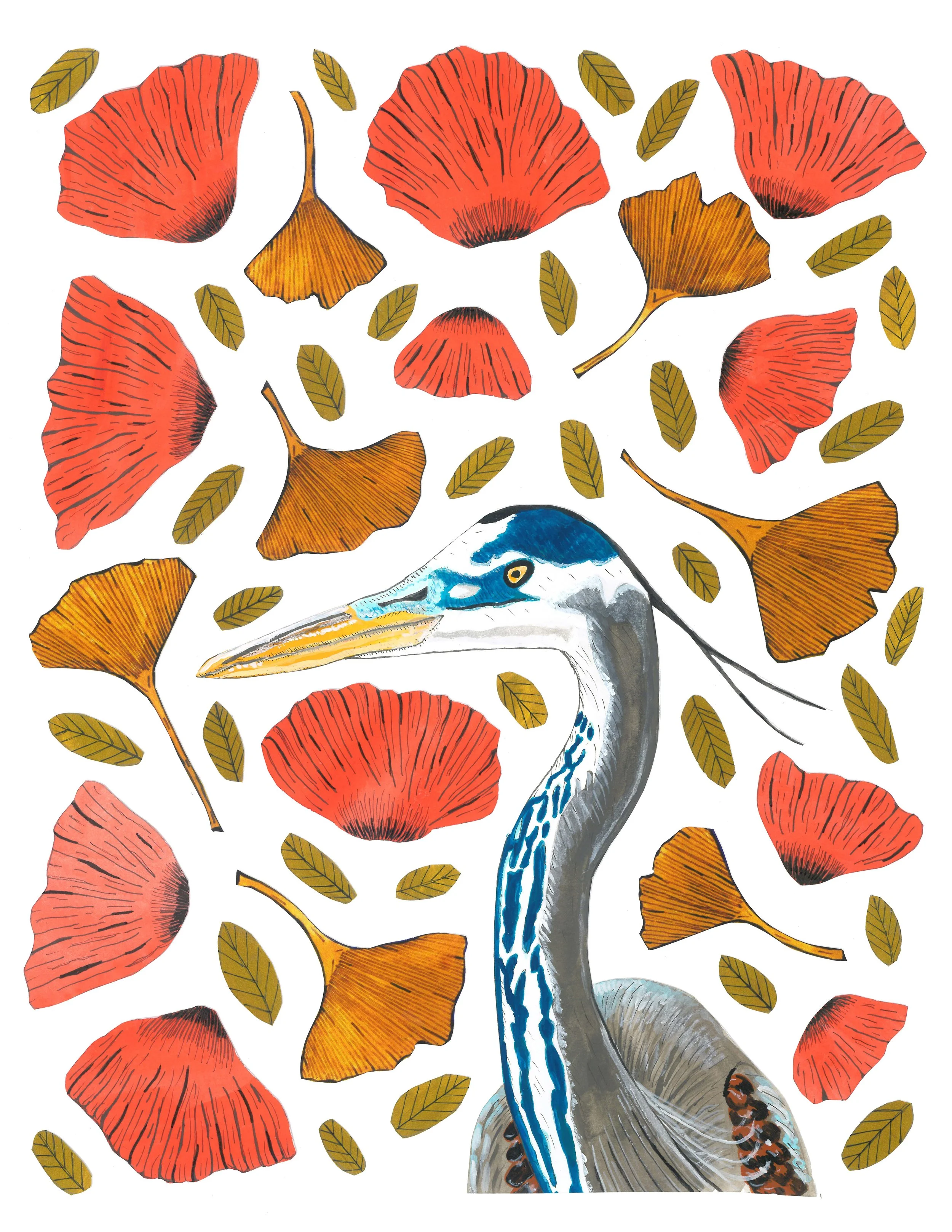 &nbsp;  Heron & Ginkgo 
 &nbsp; mixed media