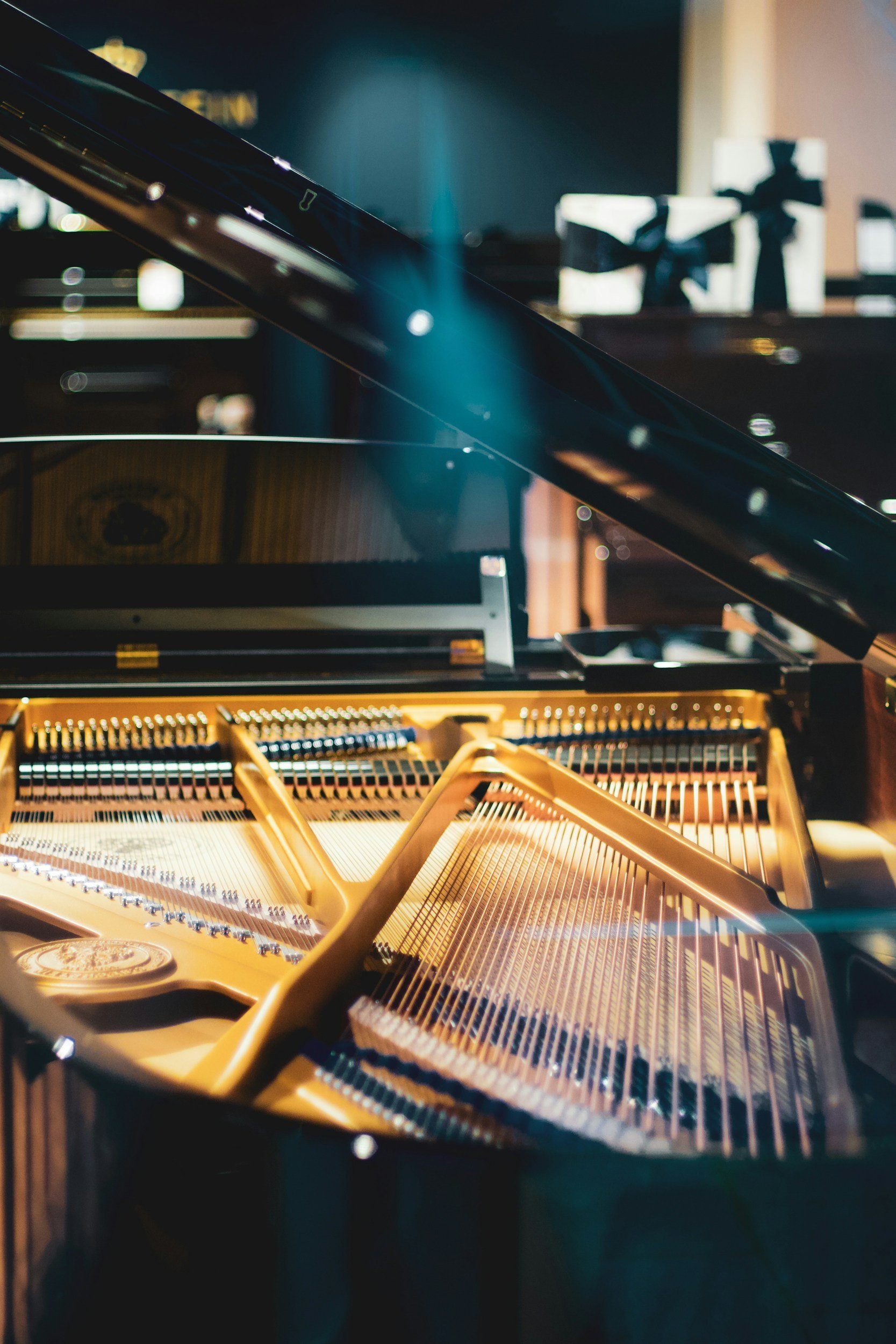 Interior of a grand piano in a concert hall.