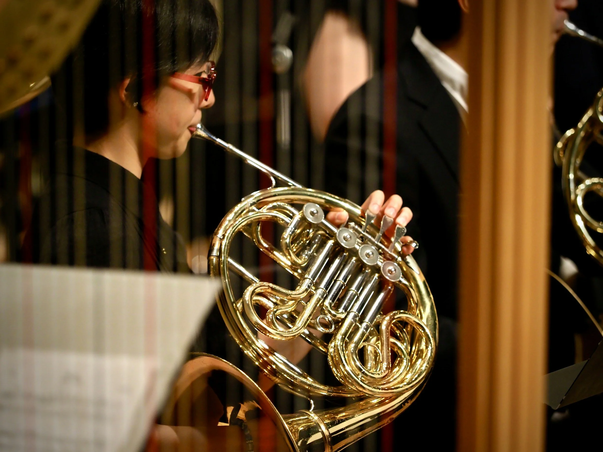 A close-up of a person playing the french horn in London.