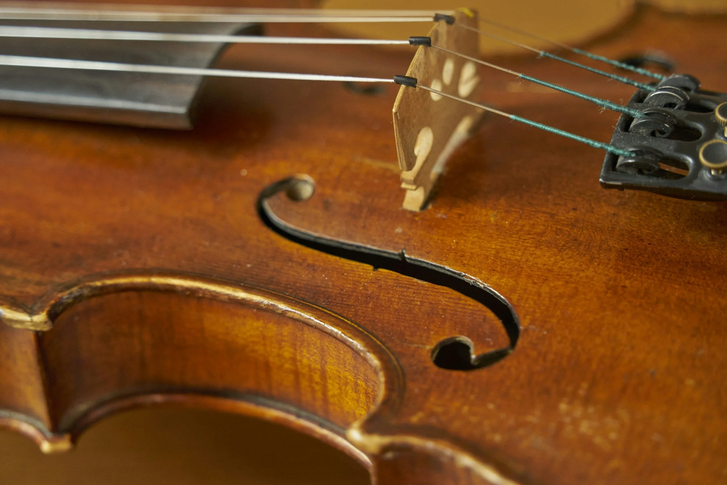 Close-up of a violin with wooden body.