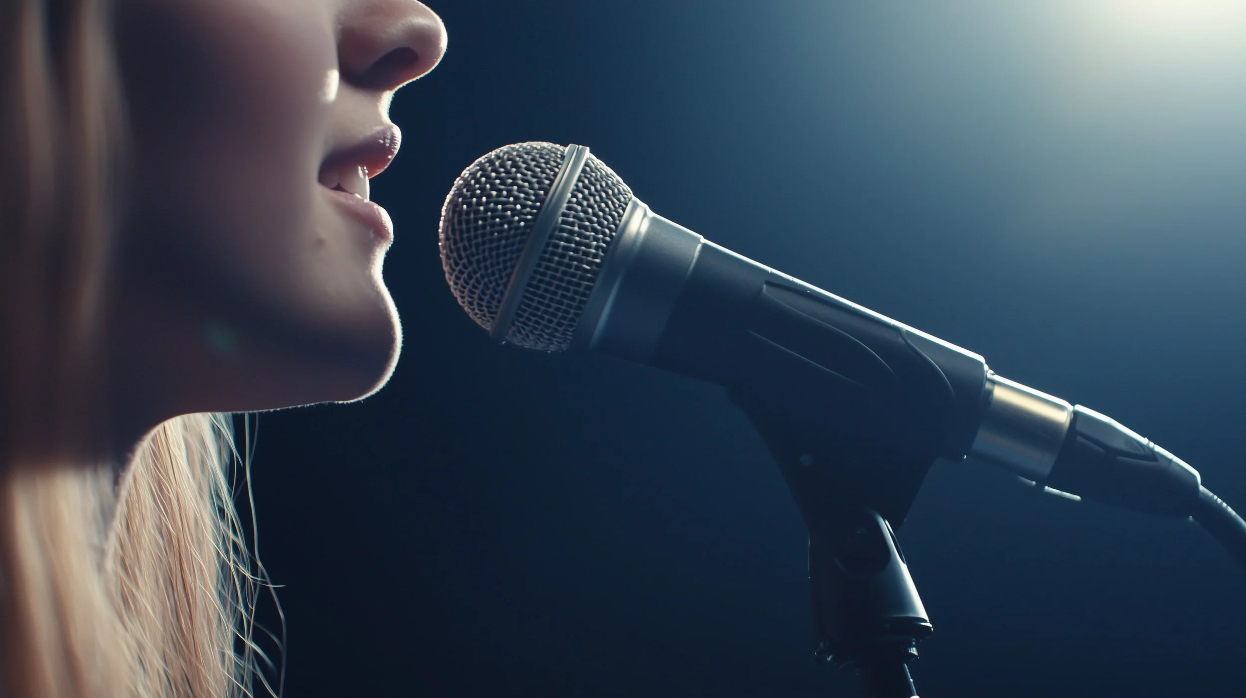 A close-up of a person's mouth singing into a microphone in London.