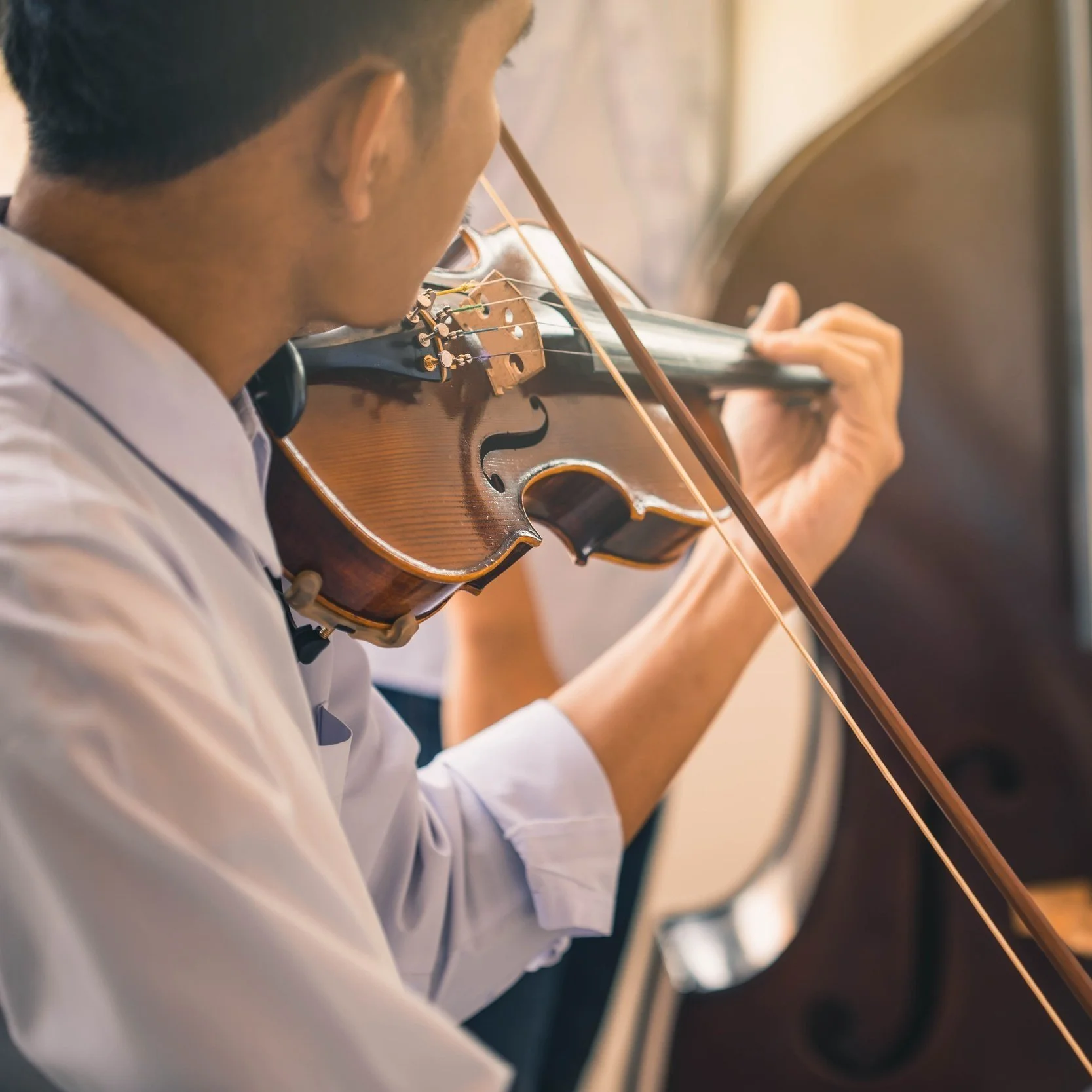 A man performing the violin at a strings concert in London.