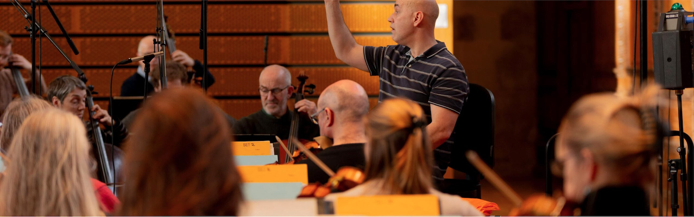 A man conducting an orchestra of cellos and violins and violas and bows.