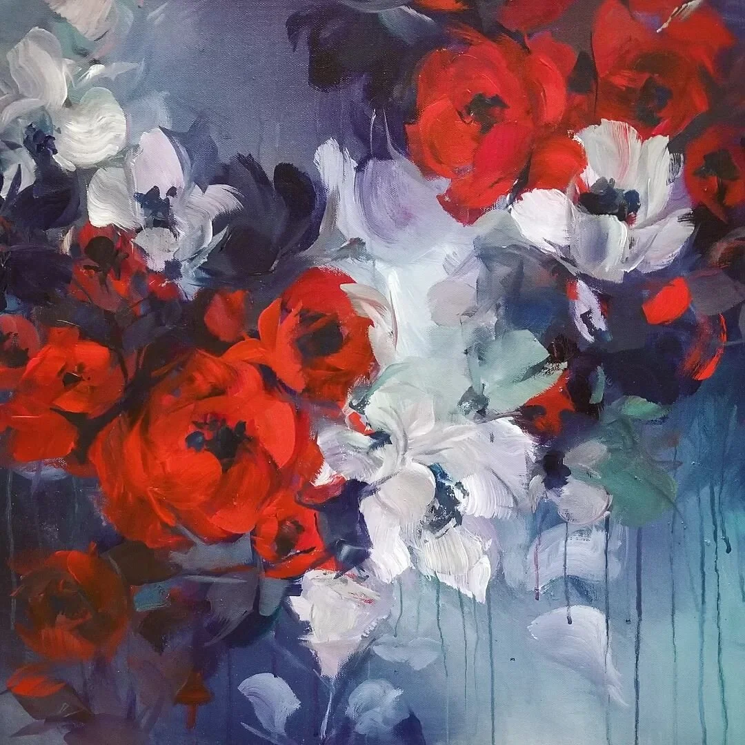 A close up of a new piece from January titled 'Breathing Underwater'
⭐ available for sale ⭐
Acrylic on canvas. Finished with UV protective gloss. Check out my reels to see how I varnished it! 

This one actually sat unfinished in my studio (aka plast
