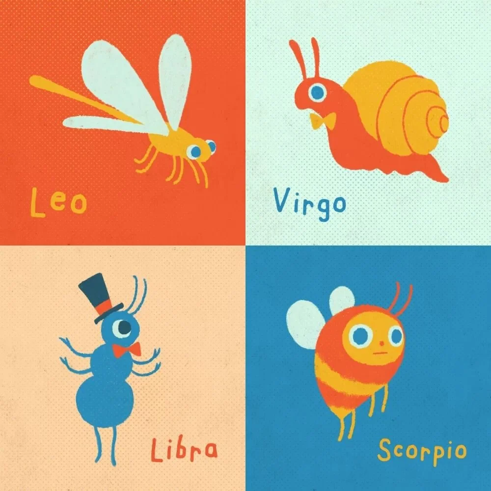 The final (and my personal favourite) set of astrology insects and garden pals! 🐌🌷

Here is a cute dragonfly, snail, ant and bumble bee to represent Leo, Virgo, Libra and Scorpio. 

What did you think of this series? Did you like the drawing associ