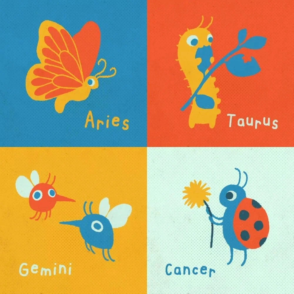 Second round of astrology insects! 🌷🦋🐞🌻
Here is Aries, Taurus, Gemini and Cancer! I decided to mix up the fire, earth, water and air signs rather than go by the zodiac month order. They're all mingling in the garden party of life. Maybe I should 