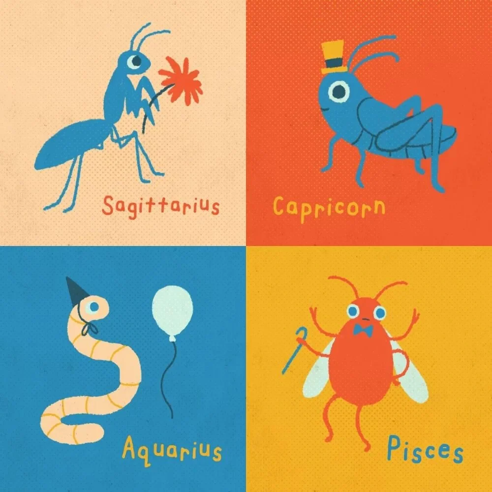 First four zodiac garden friends! Tag yourself! Does the character match your vibe? 
🦋🦗🌷🐝🐜🌻🕷🐛🐞🌹🐌

Illustrated star sign and birthday month collections are kind of my guilty pleasure, so I finally made one! To be honest I don't know much ab