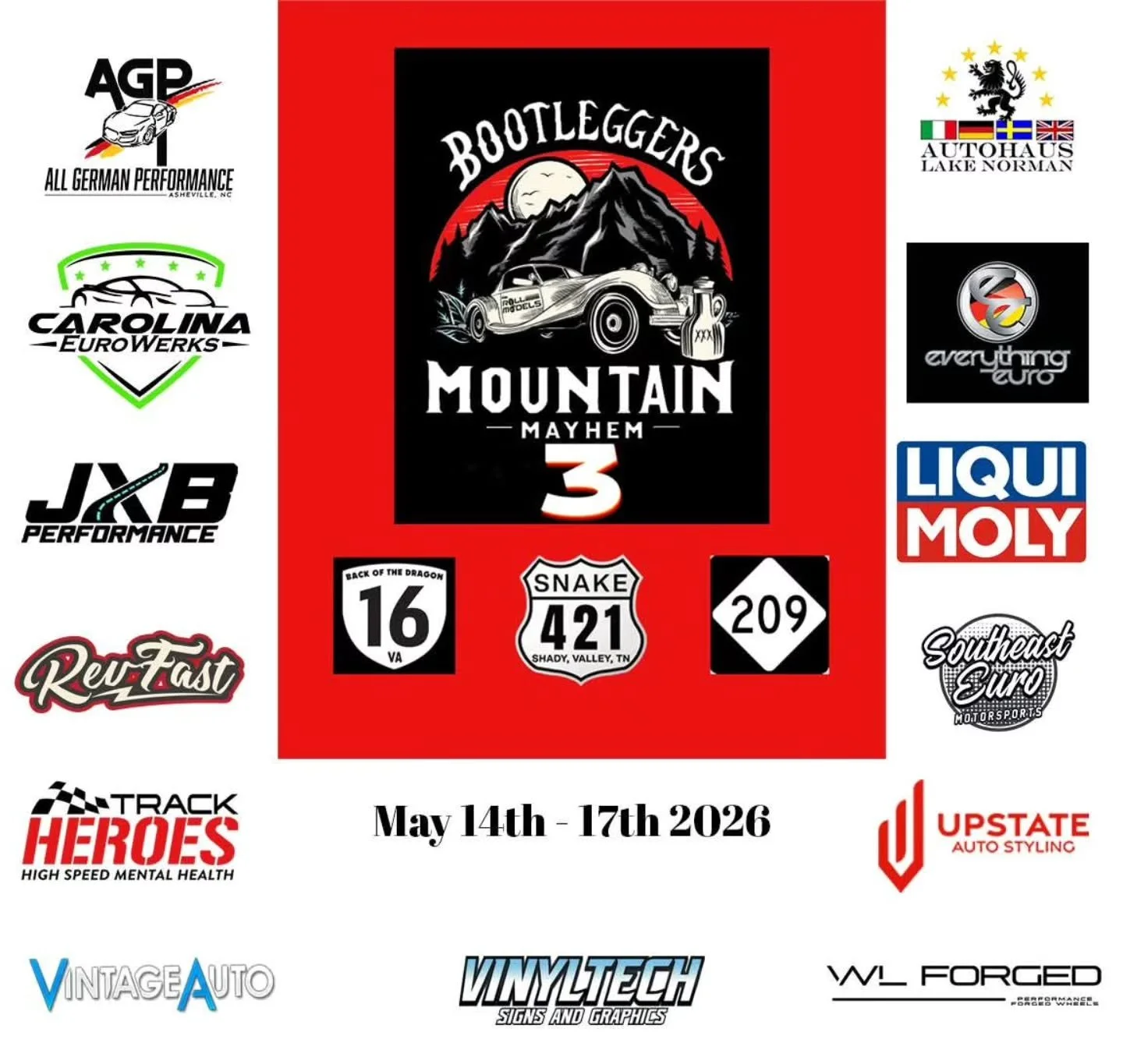 It's Bootlegger's Mountain Mayhem 3 week!

Our member's only event with more than 2000 curves over 4 days.  We will be posting video and photos from the event! 

Big thank you to our sponsors for making these types of events happen!

@allgermanperfor