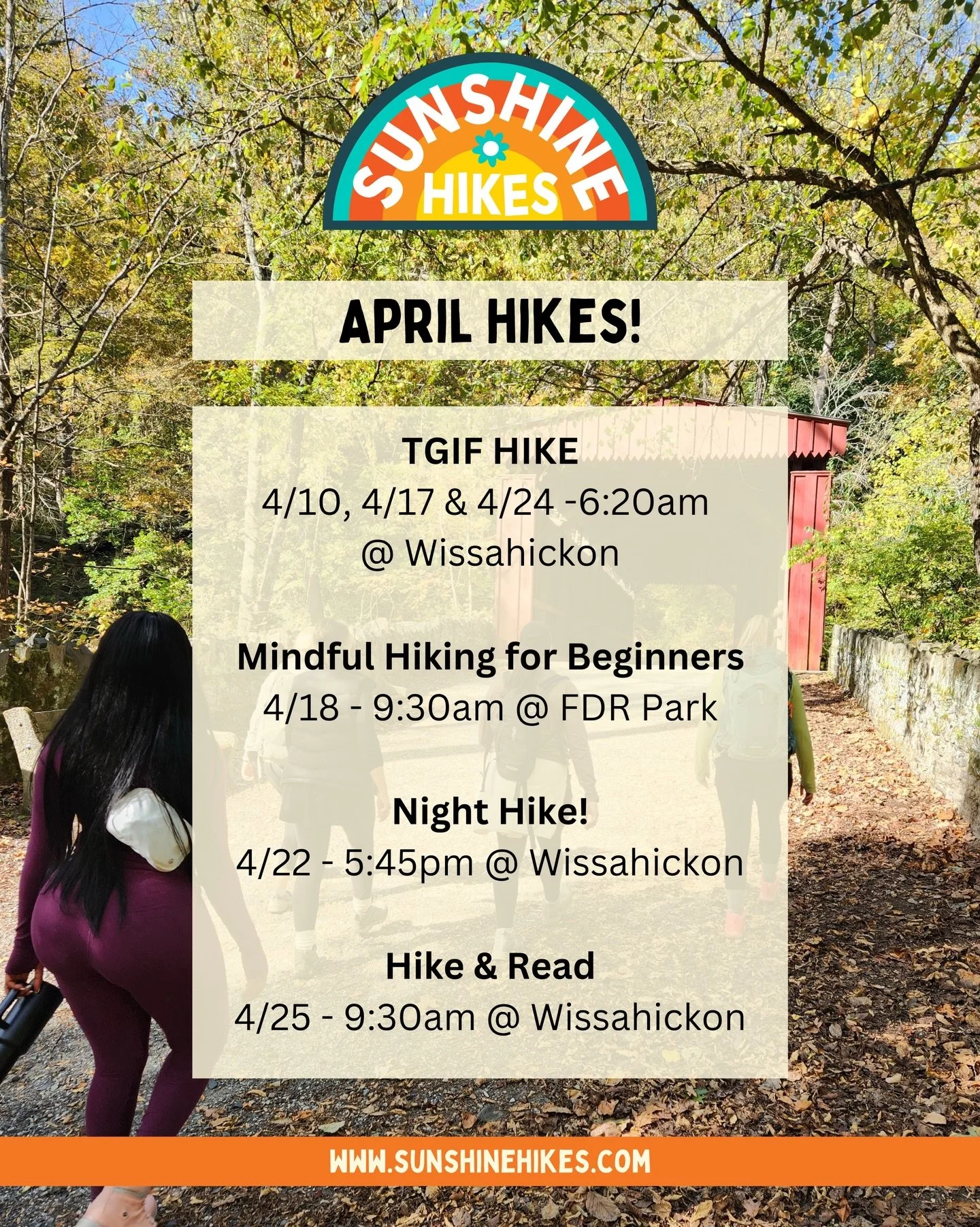 April Hikes!! 

Learn more about each hike and sign up by visiting www.sunshinehikes.com 

🔗link in bio! 

#sunshinehikesphl #hikephilly #phillyspring #girlswhohike