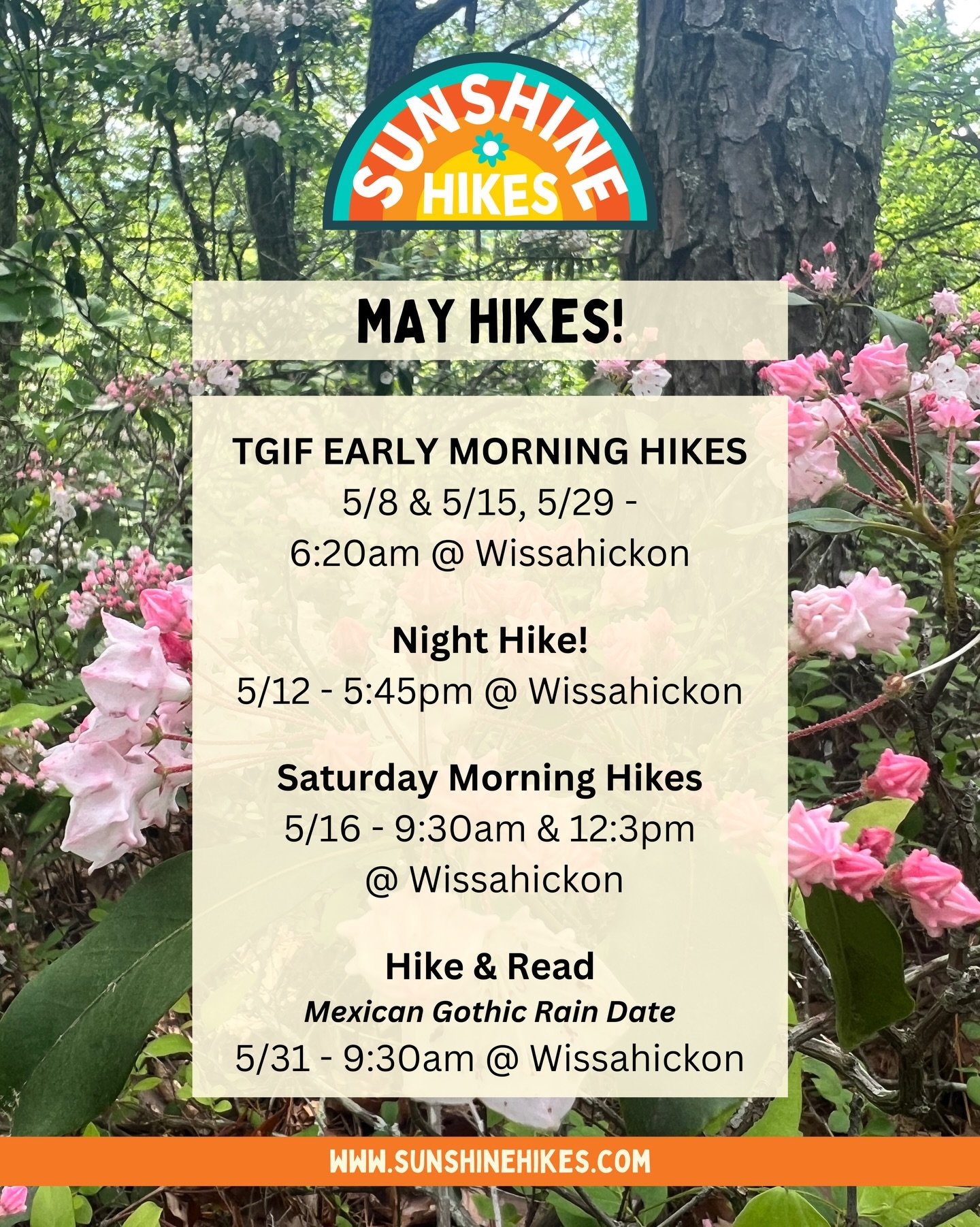 Lots of fun happening this May!! 🌸🐝🦋

Learn more about each hike by visiting the website, www.sunshinehikes.com 
🔗 Link in Bio

#MayHikes #Itsgonnabemay #Philly #PhillyHikers #Mindfulhiking
