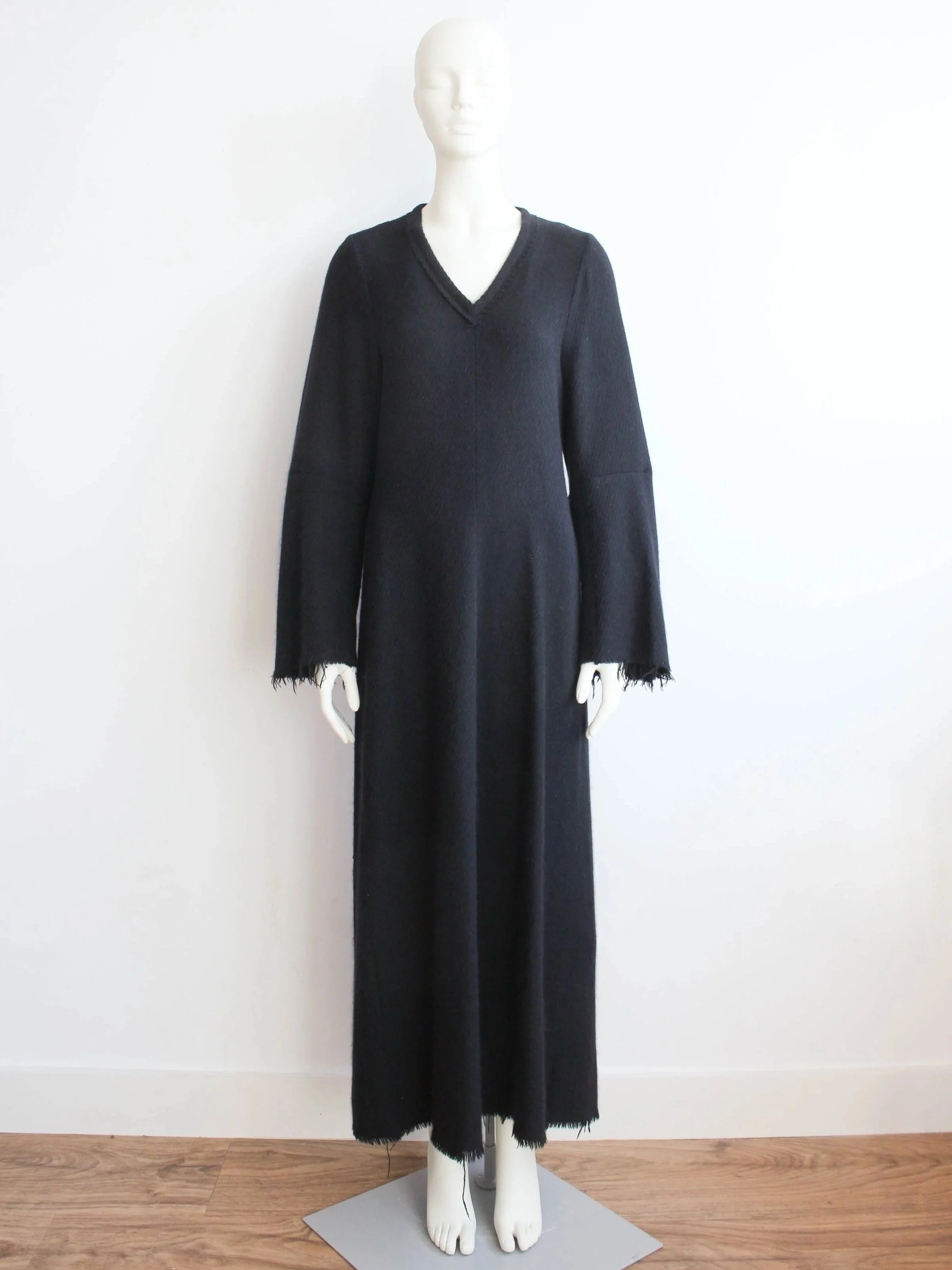 Ann Demeulemeester A/W99 Black Wool Maxi Dress with Frayed Hems