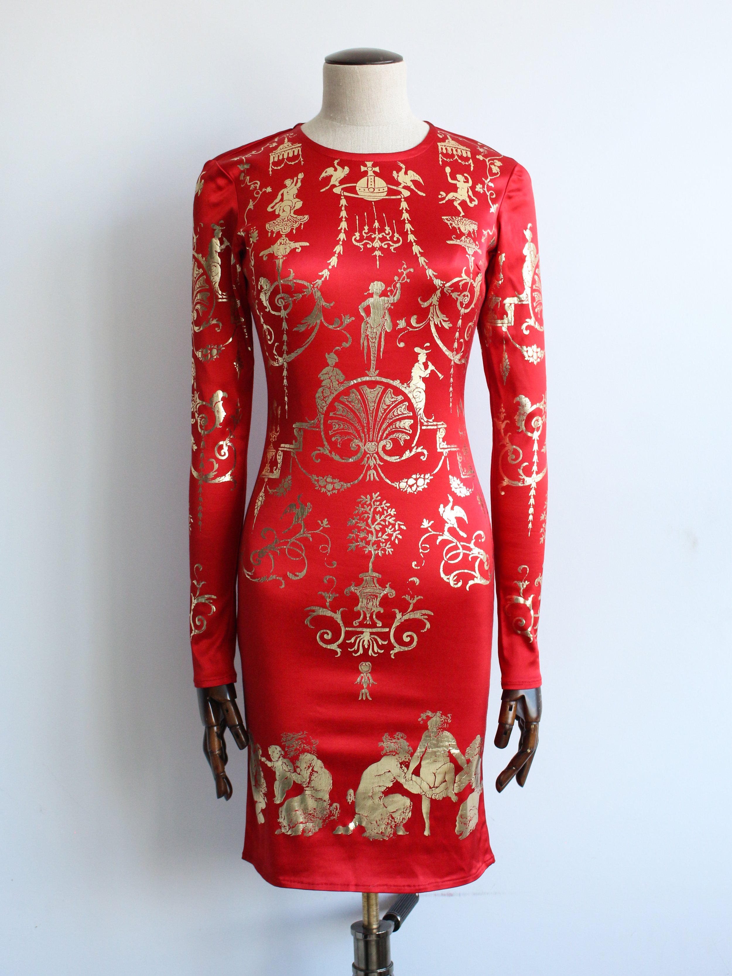 Vivienne Westwood A/W91 'Dressing Up' Red Satin-Lycra 'Boulle' Stencilled Dress