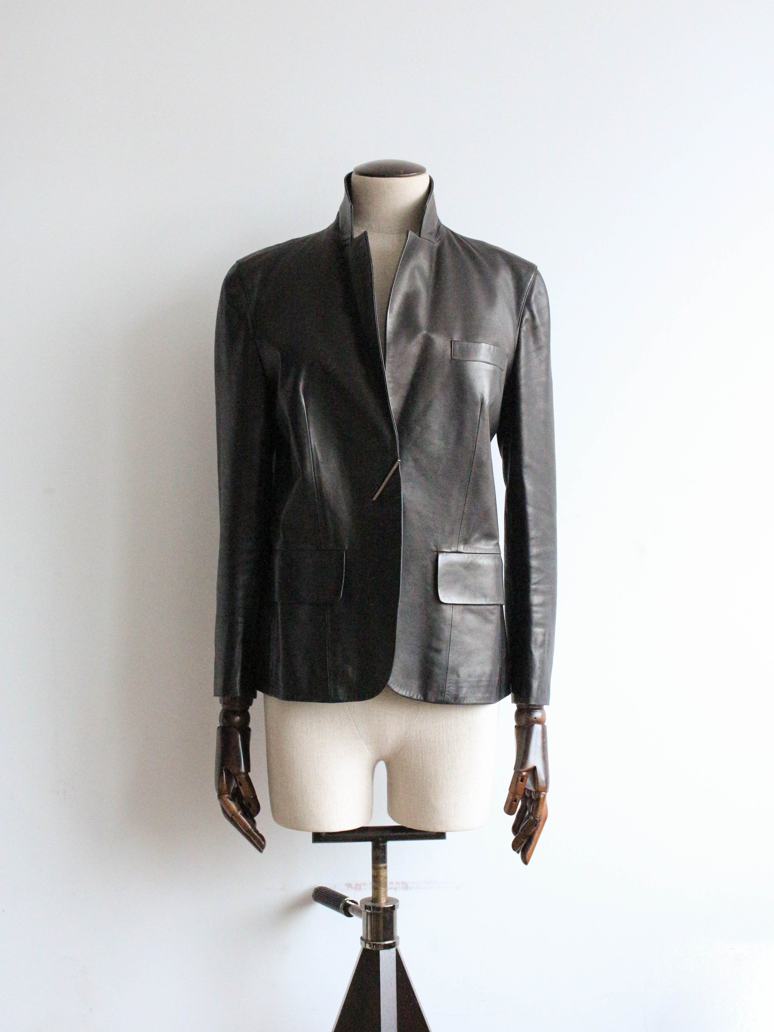 Gucci by Tom Ford S/S01 Black Leather Blazer with Metal Safety Pin Fastening