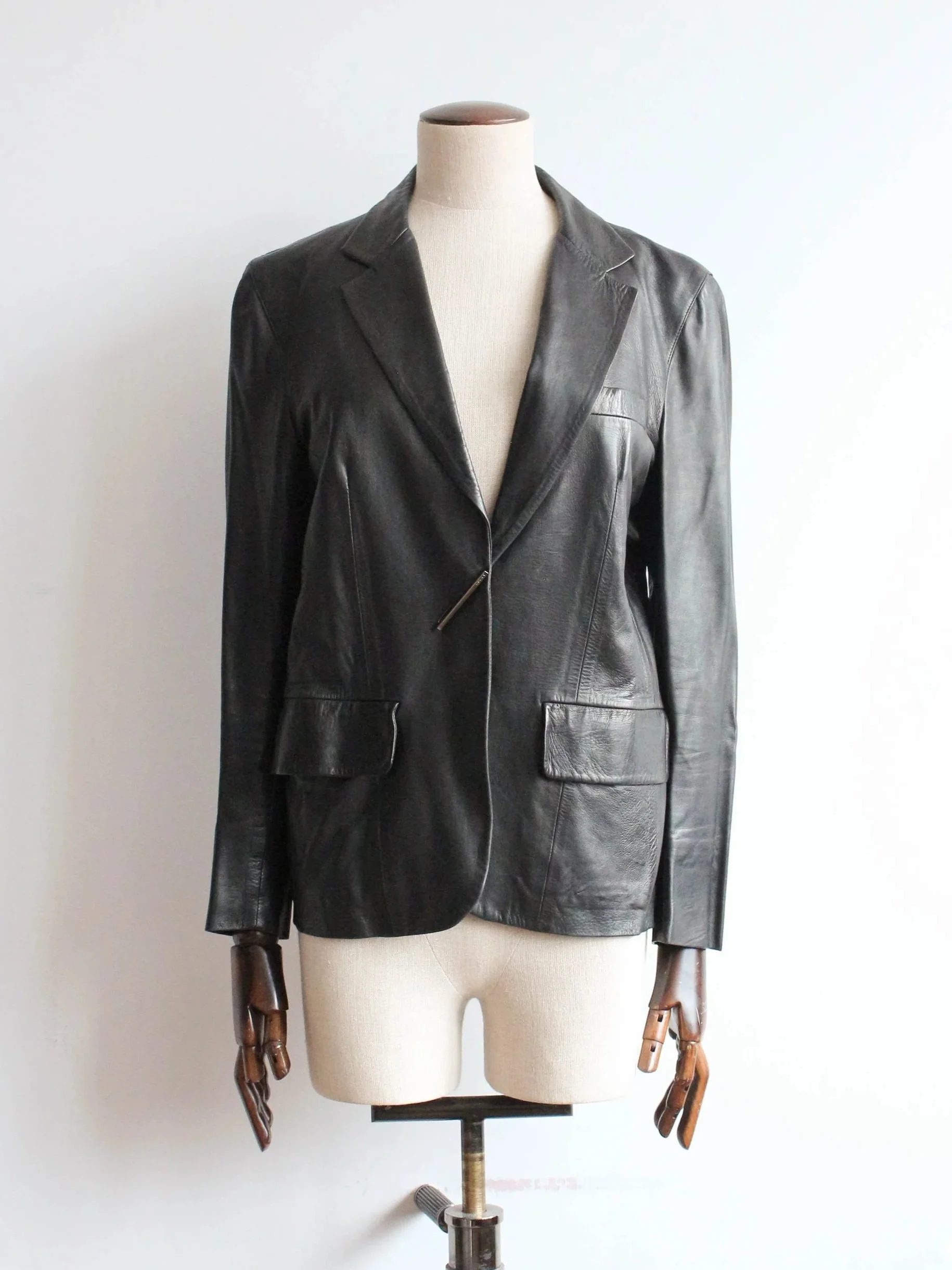 Gucci by Tom Ford S/S01 Black Leather Blazer with Metal Safety Pin Fastening