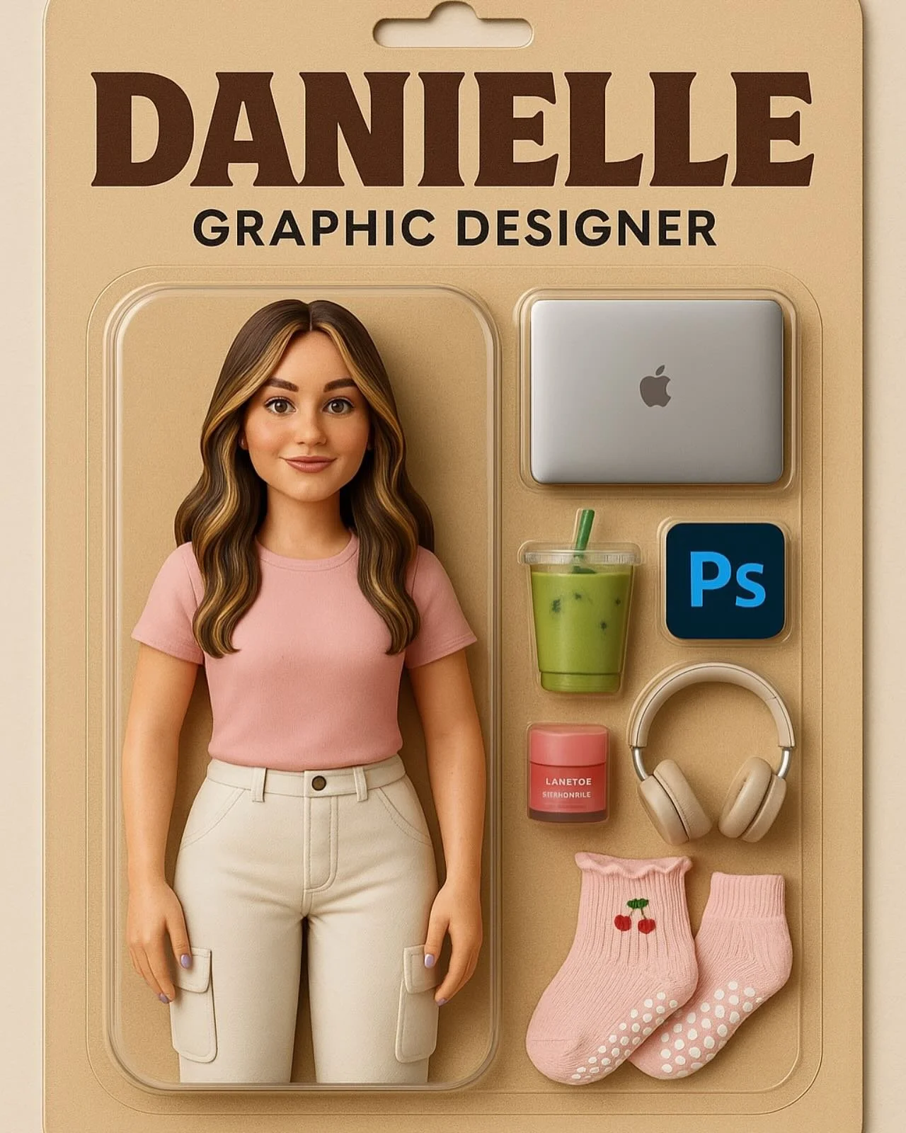 Obsessed with this trend!! Here is me in doll form 💁🏻&zwj;♀️ My accessories include: an iced matcha latte, macbook, photoshop, noise cancelling headphones, lip balm &amp; pilates socks. Thanks @chatgpt 🤗
.
.
.
.
.
#chatgptdoll #graphicdesigner #gr