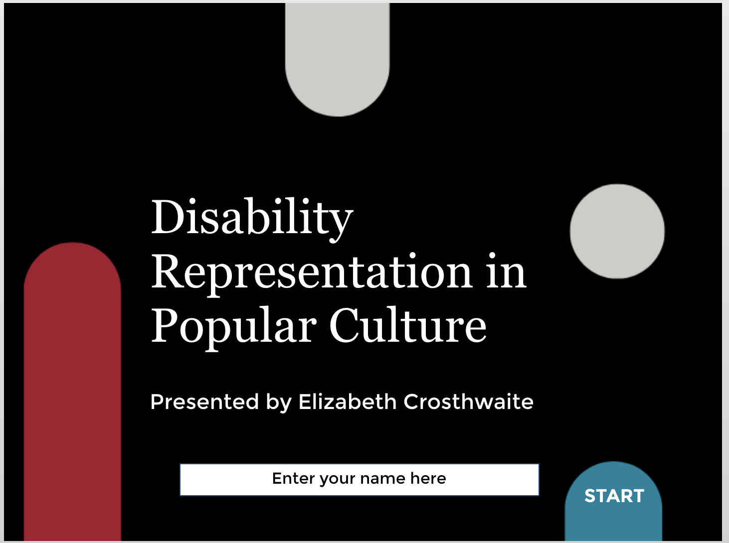 Title screen of learning module: Disability Representation in Popular Culture