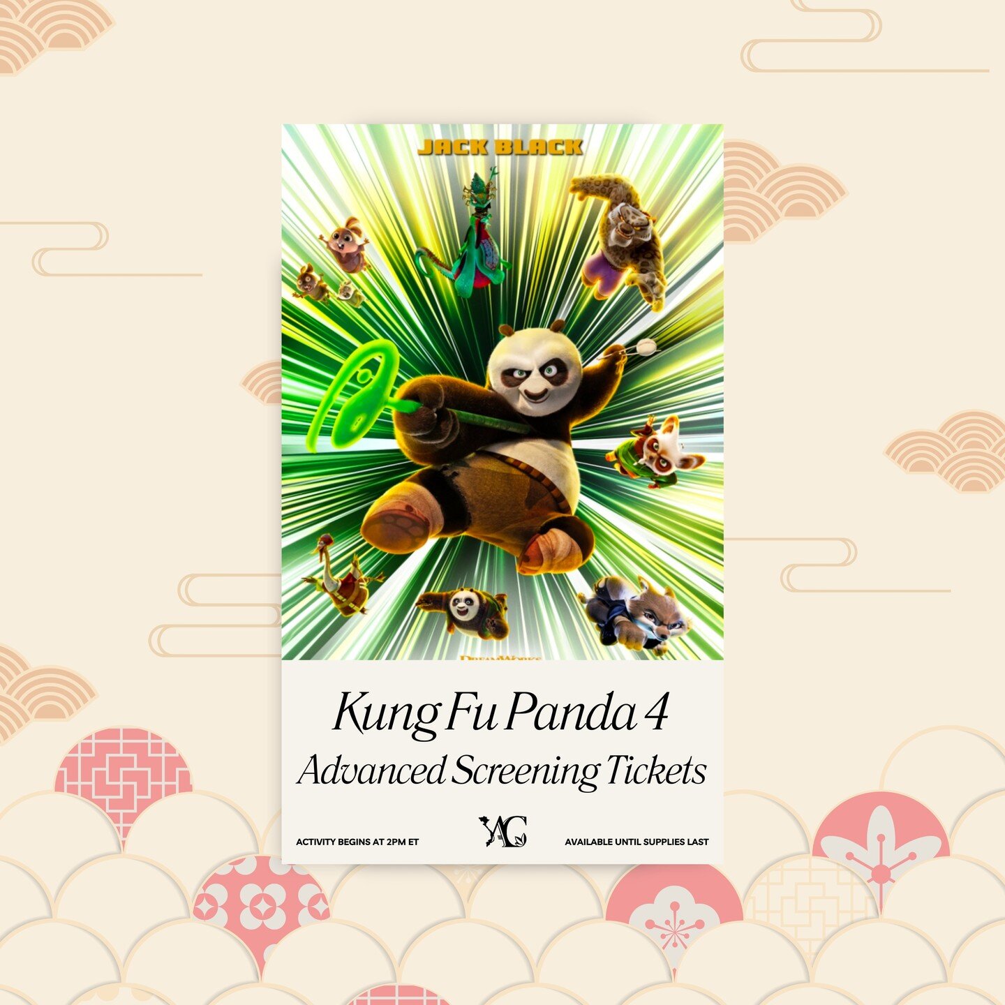 Sorry to keep this big secret from you, but it's worth it!!! We have received 40 advanced screen tickets to watch Kung Fu Panda on March 8, 2024 in Concord, NC. Each movie ticket is valid up to 2 seat(s). 

These movie tickets will be added to the lu