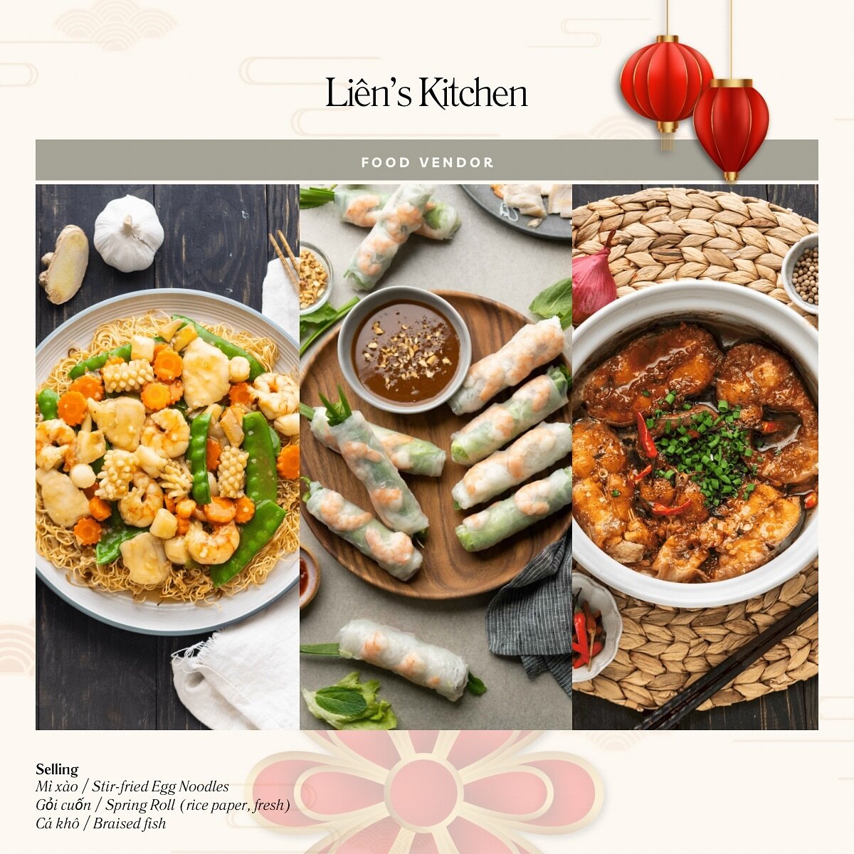 Adding a last minute foodie, we have Lien&rsquo;s Kitchen who will be bringing:
- M&igrave; x&agrave;o / Stir-fried Egg Noodles
- Gỏi cuốn / Spring Roll (rice paper, fresh)
- C&aacute; kh&ocirc; / Braised fish

#tet2024 #vietcharlotte