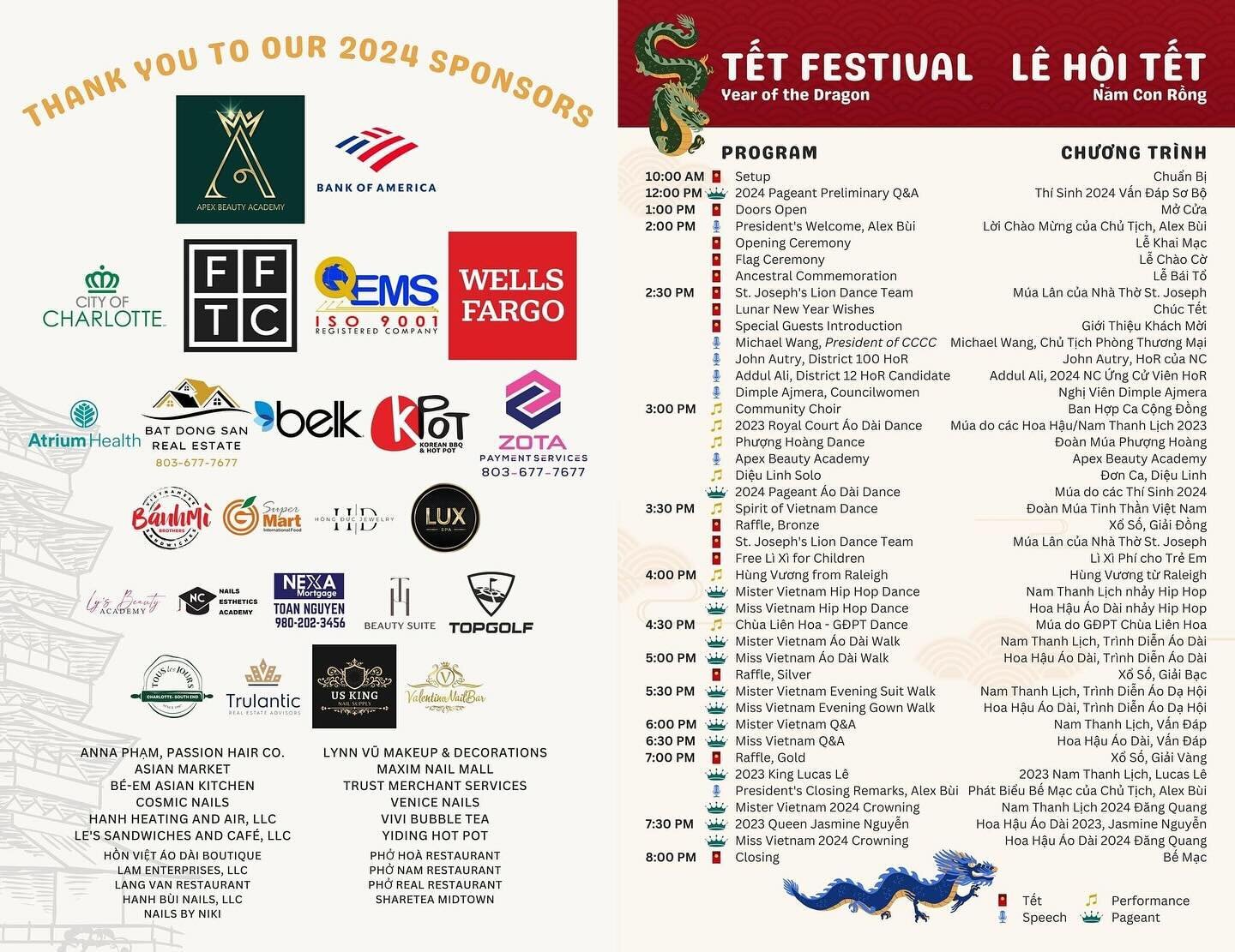 The 2024 Tết Program is packed!! We are very excited to have over 50 vendors for this years 2024 Tết Festival and tons of awesome performances. Our festival would not been made possible without all of our amazing sponsors.

Apex Beauty Academy
Bank o