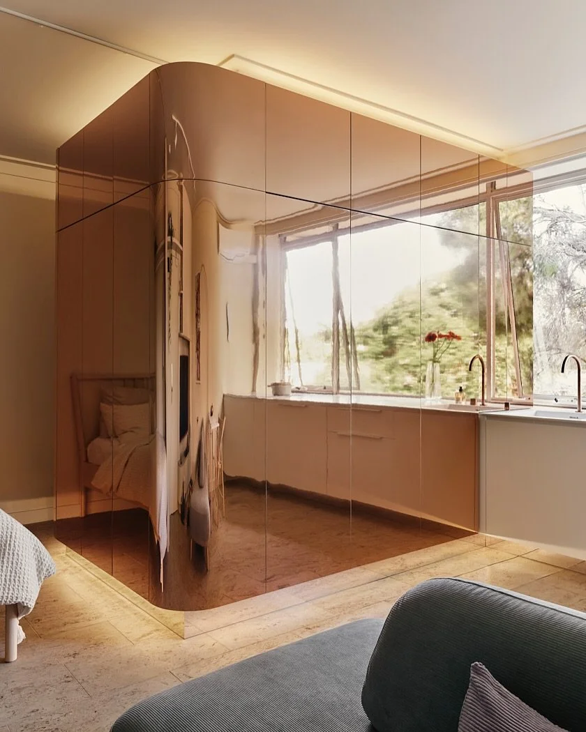 A 1970s studio apartment in St Kilda gets a glow up by @tsaidesign &mdash;adorned in shimmering finishes, making the most of its tiny footprint.

See more via the 🔗 in bio.

Photos @tesskellyphotography 
Build @everline_builders 
Joinery @jginterior