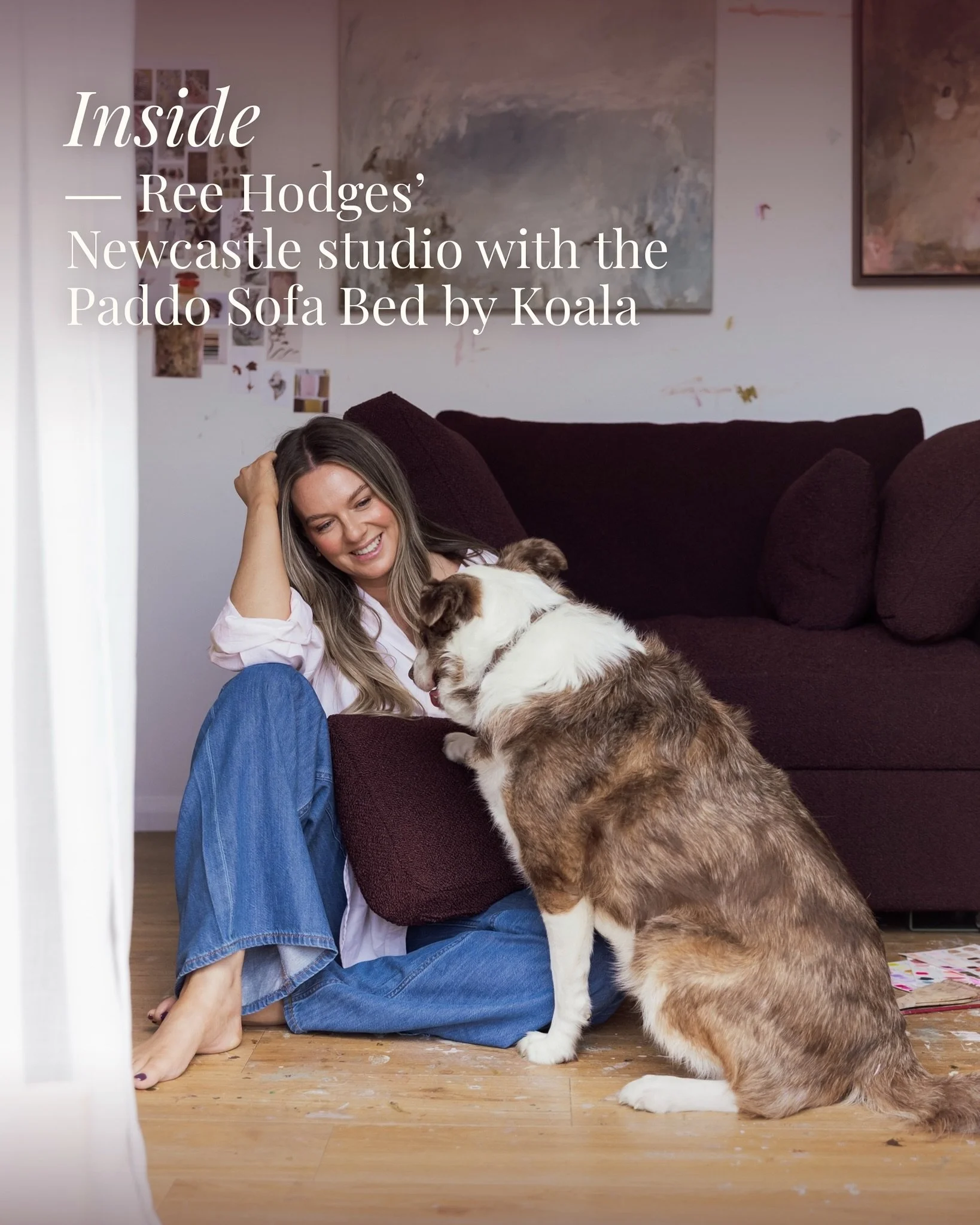 From her Newcastle studio, abstract painter @ree_hodges_art lets colour, instinct and the natural world lead the way, with a Burnt Mulberry @koala Paddo Sofa Bed offering a place to pause. 

See the studio tour through the link in bio 🎨 

📷 @katiew