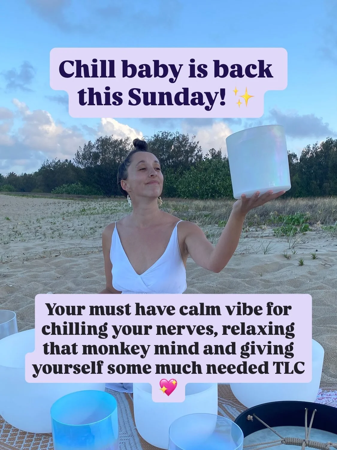 😫Feeling anxious, stressed, or like there’s never any time for you? 
Then Chill Baby — a Beach Sound Healing Journey — is for you! 🌊💚
One blissful hour of magical relaxation, nervous system healing, and deep calm that will have