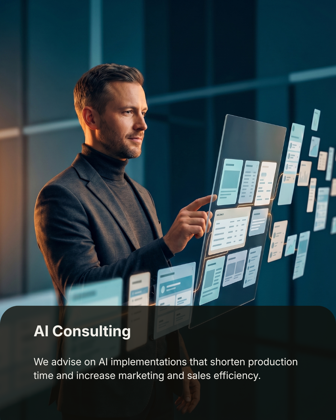 Professional working with AI interface and data panels — Pixelcraft agency AI consulting and implementation strategy