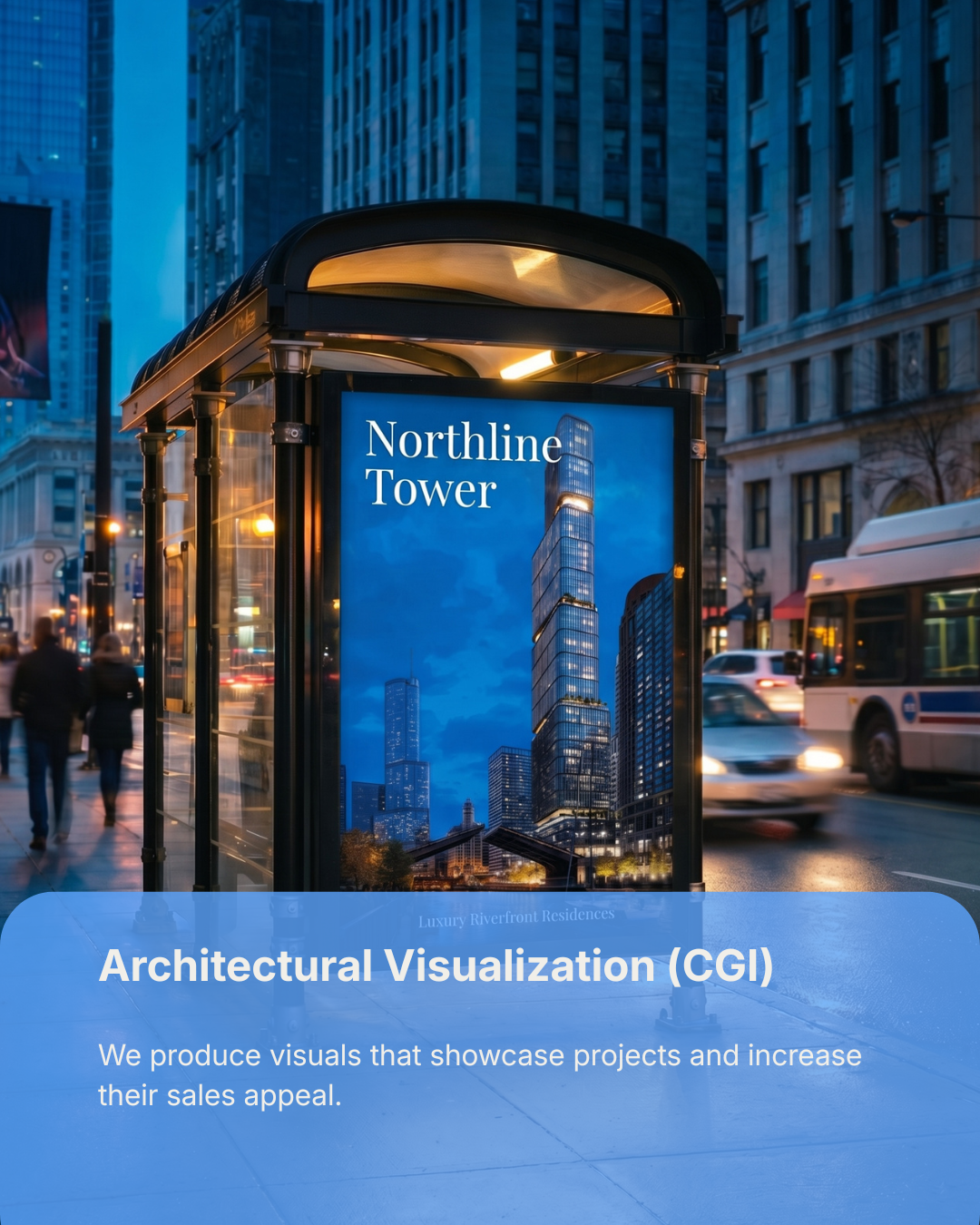 City scene with architectural billboard visualization — Pixelcraft agency architectural CGI visualization