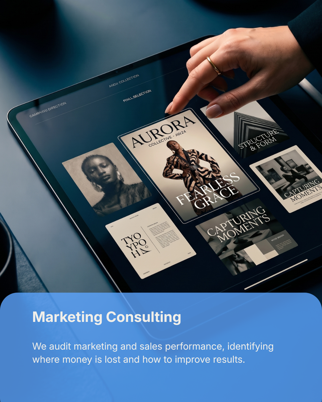 Business analysis on tablet with charts and reports — Pixelcraft agency marketing consulting and performance audit