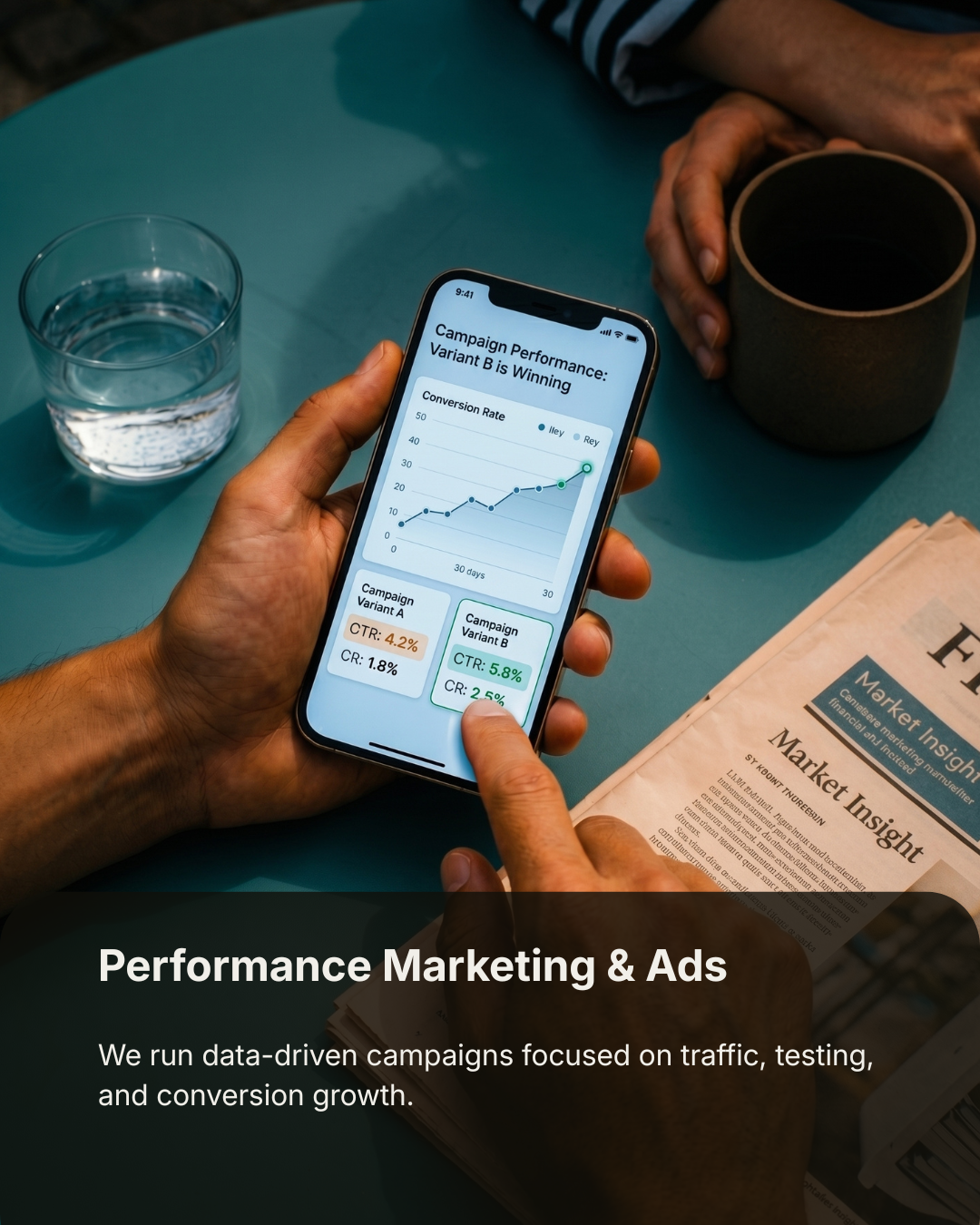 Smartphone with analytics and campaign results — Pixelcraft agency performance marketing and paid ads optimization