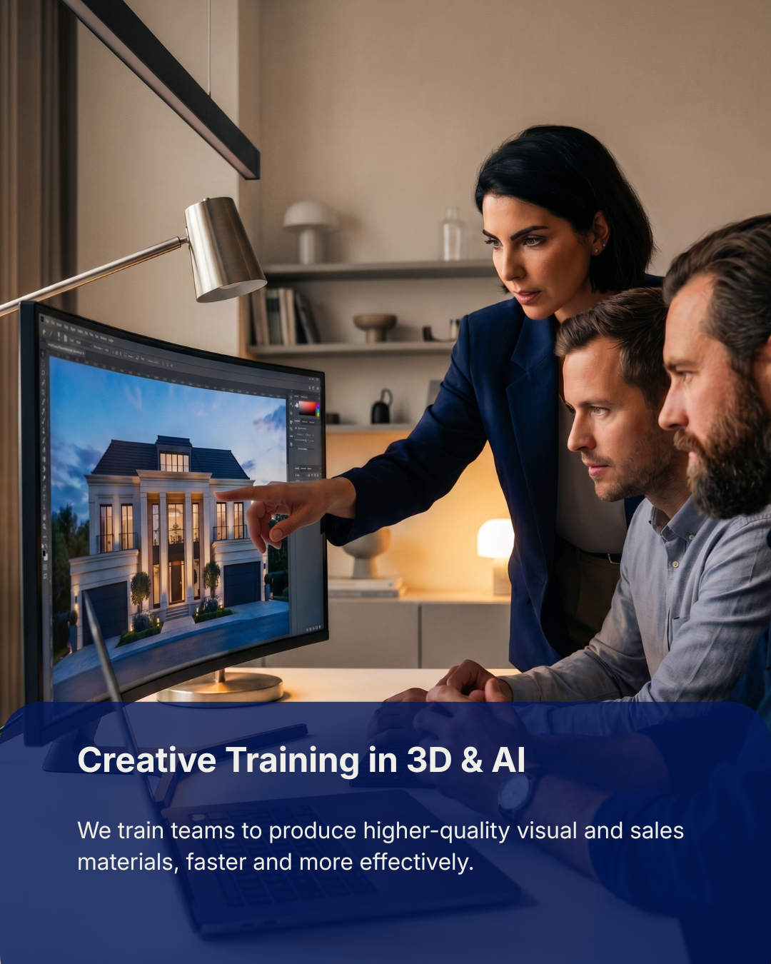 Team working on 3D models and visual tools — Pixelcraft agency training in 3D and AI production