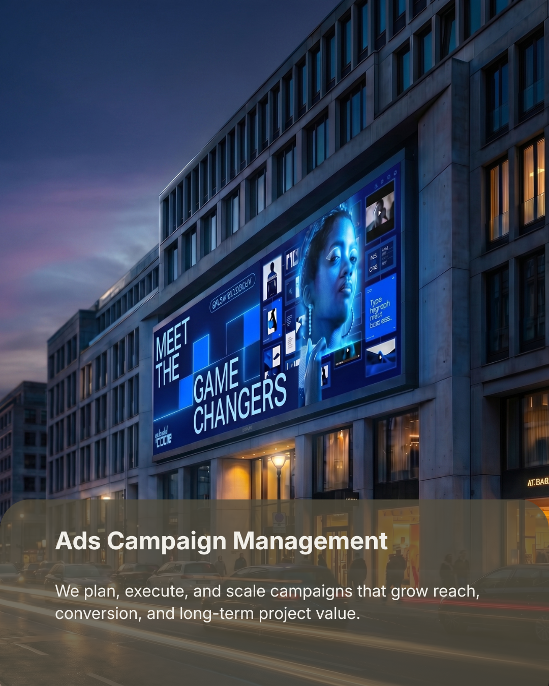 Large outdoor advertising screen in city — Pixelcraft agency ads campaign management and media execution