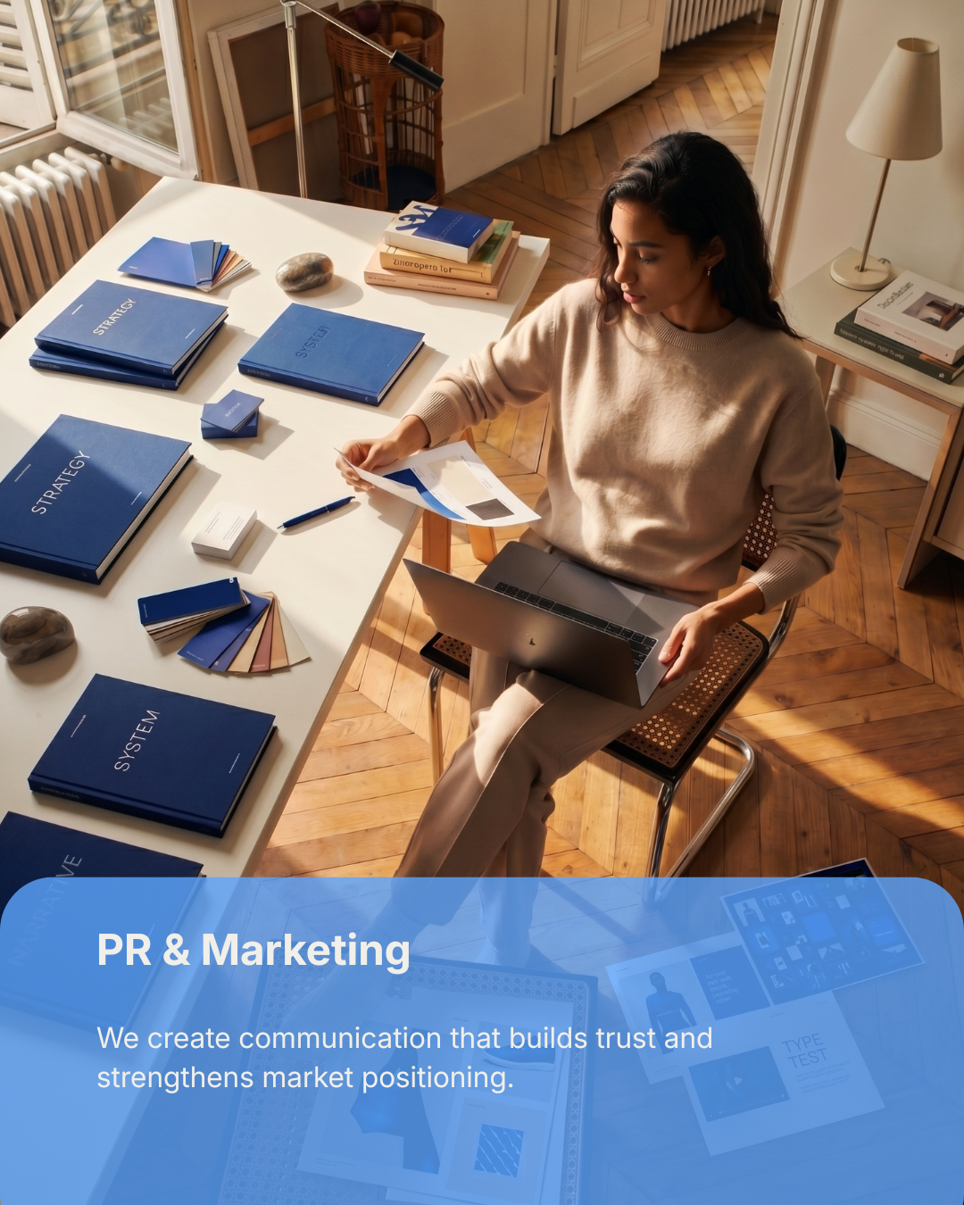 Woman working with brand materials and strategy — Pixelcraft agency PR and marketing communication